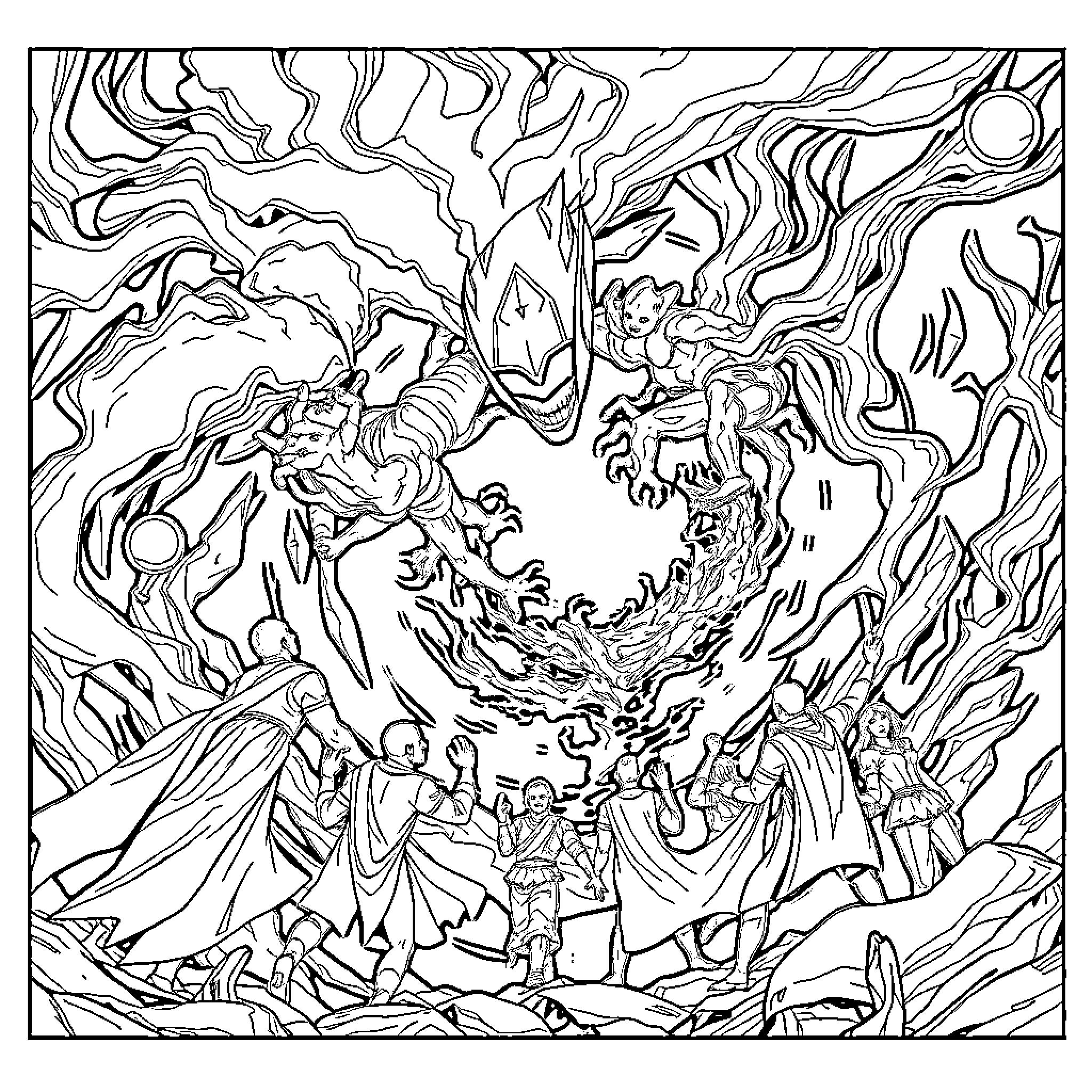 Enigma of the Fantastical Realm Coloring Page (free black-and-white line drawing printable PDF for all, from beginners to advanced learners, including children, teens, adults, and seniors)