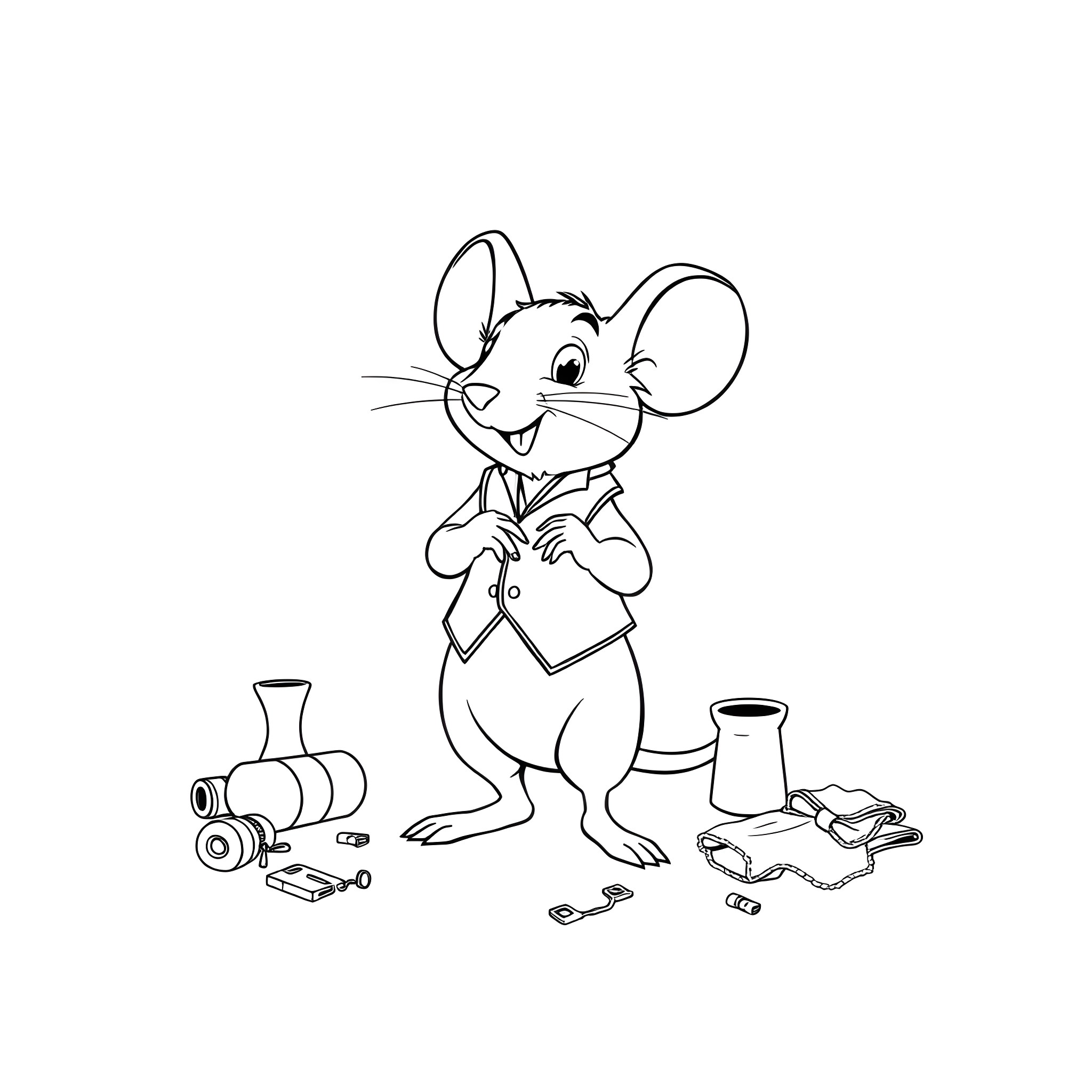 Cinderella's Mouse Friend Preparing for the Ball Coloring Page (free black-and-white line drawing printable PDF for all, from beginners to advanced learners, including children, teens, adults, and seniors)