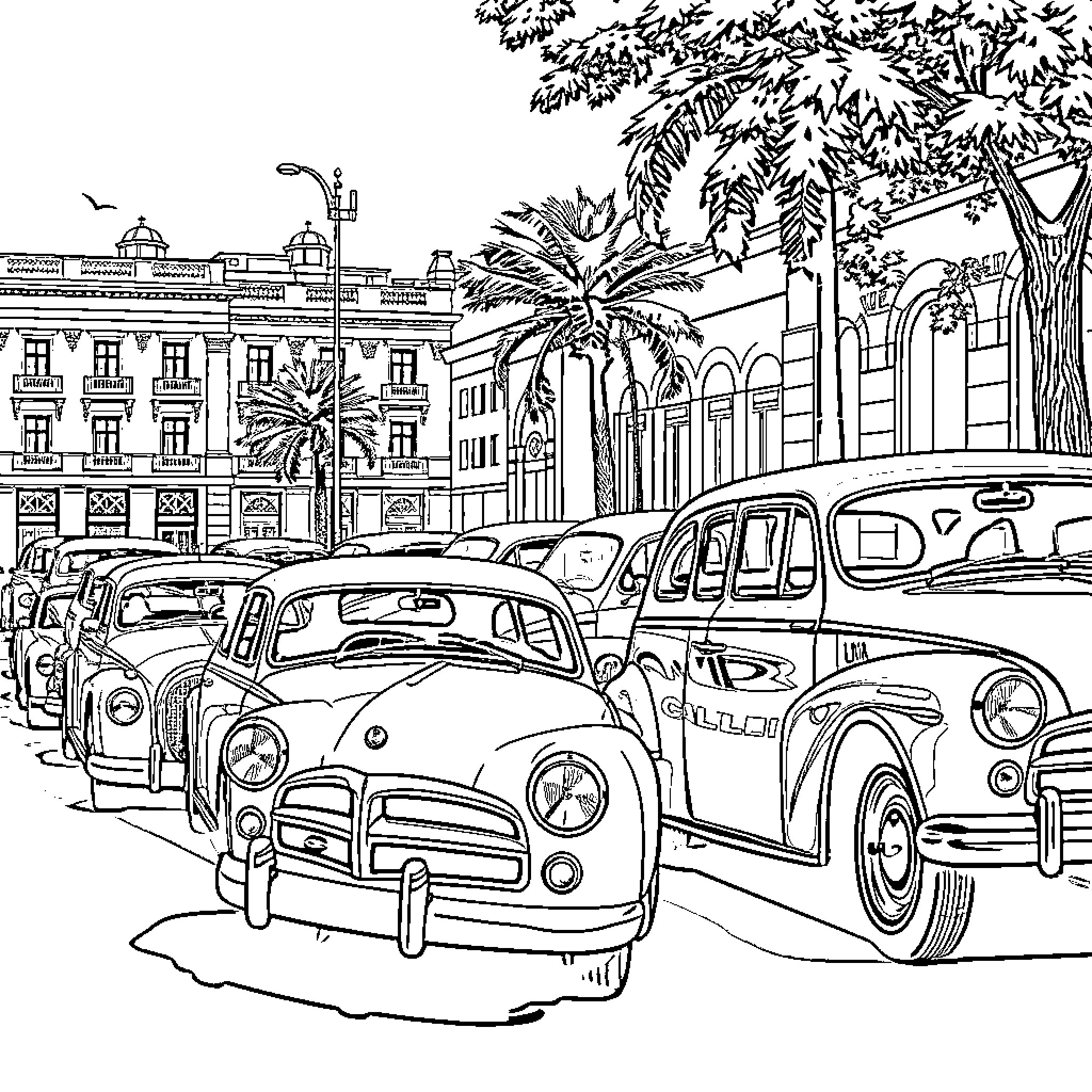Car Parked Along Tropical City Street Coloring Page (free black-and-white line drawing printable PDF for all, from beginners to advanced learners, including children, teens, adults, and seniors)