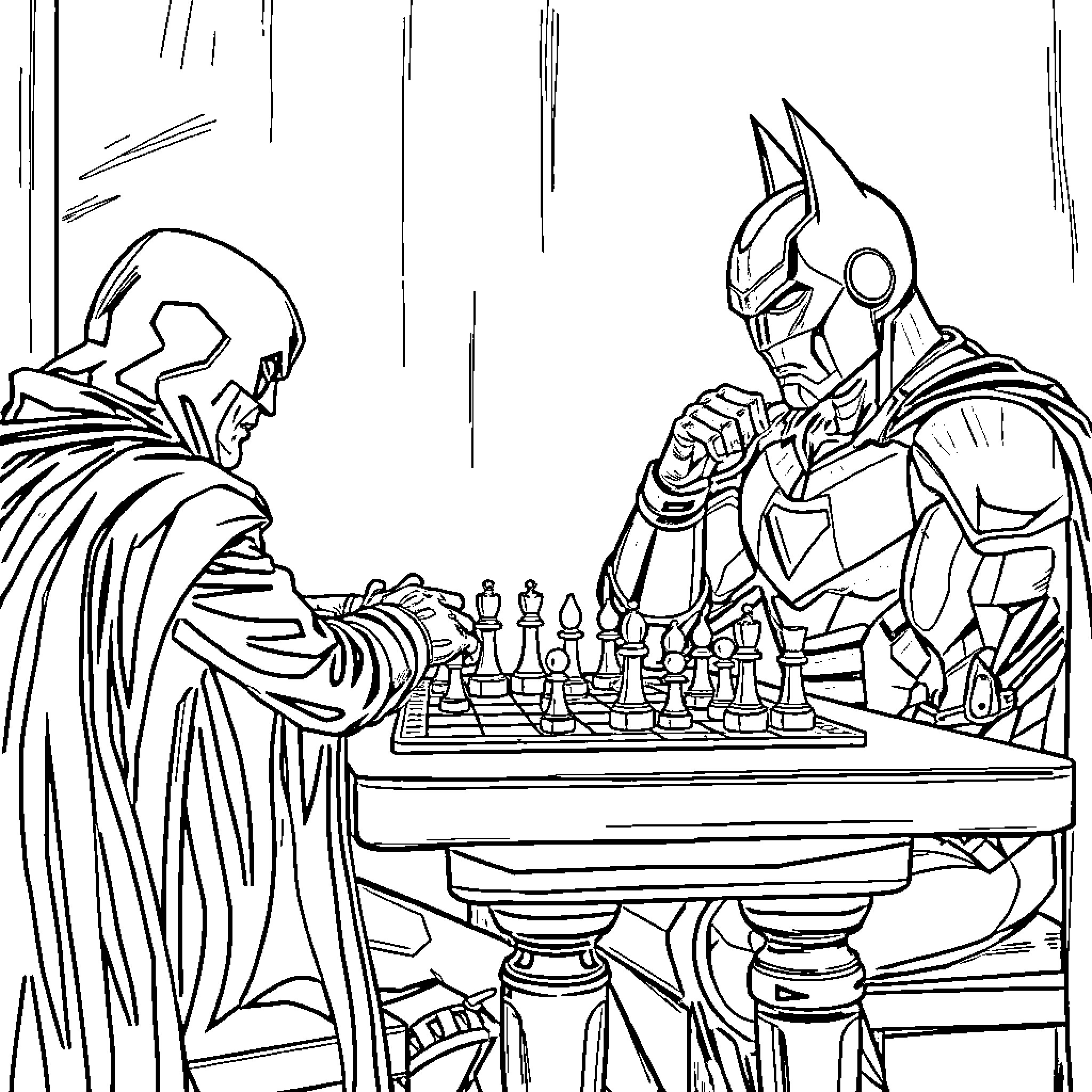 Iron Man Versus Villain in Epic Chess Match Coloring Page (free black-and-white line drawing printable PDF for all, from beginners to advanced learners, including children, teens, adults, and seniors)