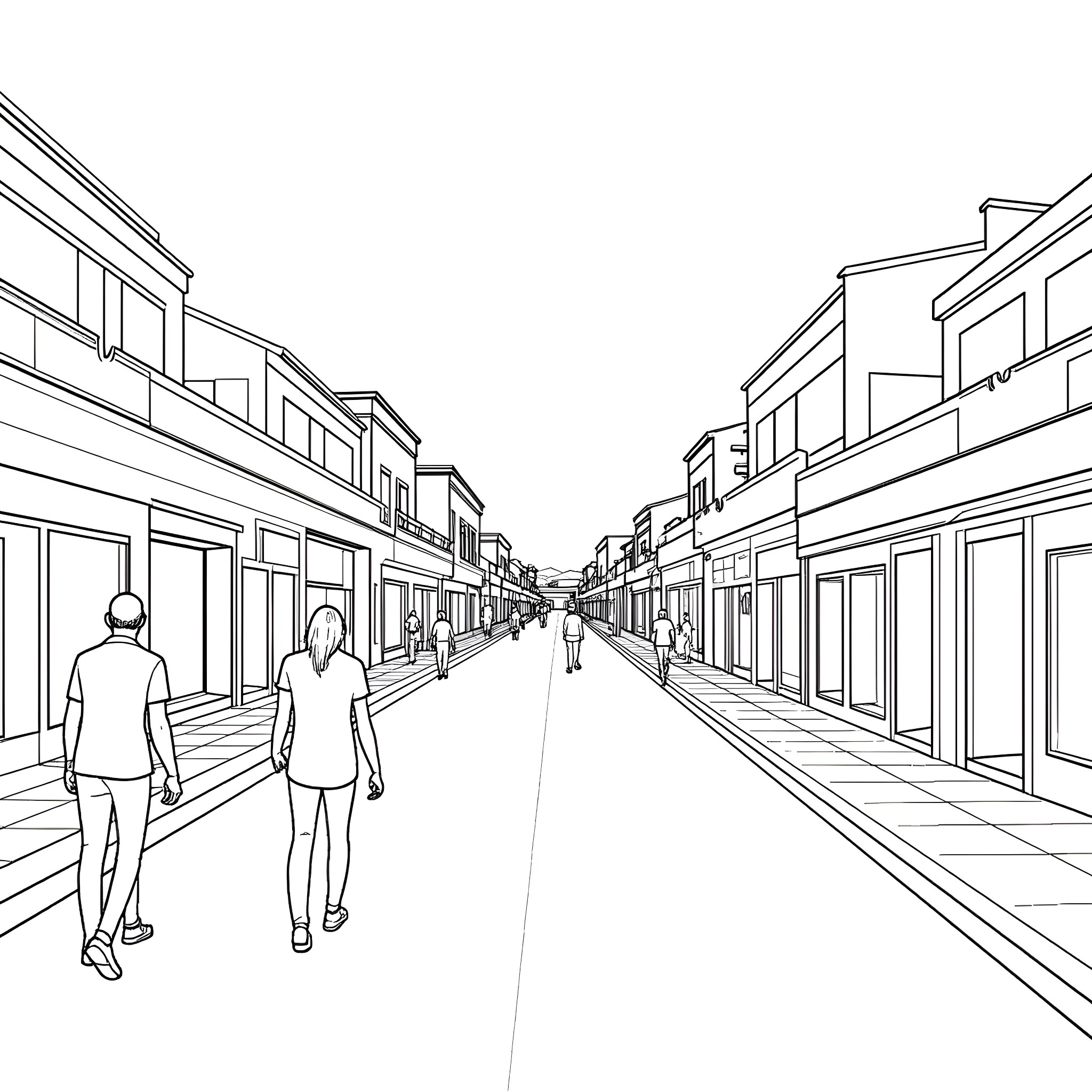 Skiathos strolling through charming town streets Coloring Page (free black-and-white line drawing printable PDF for all, from beginners to advanced learners, including children, teens, adults, and seniors)