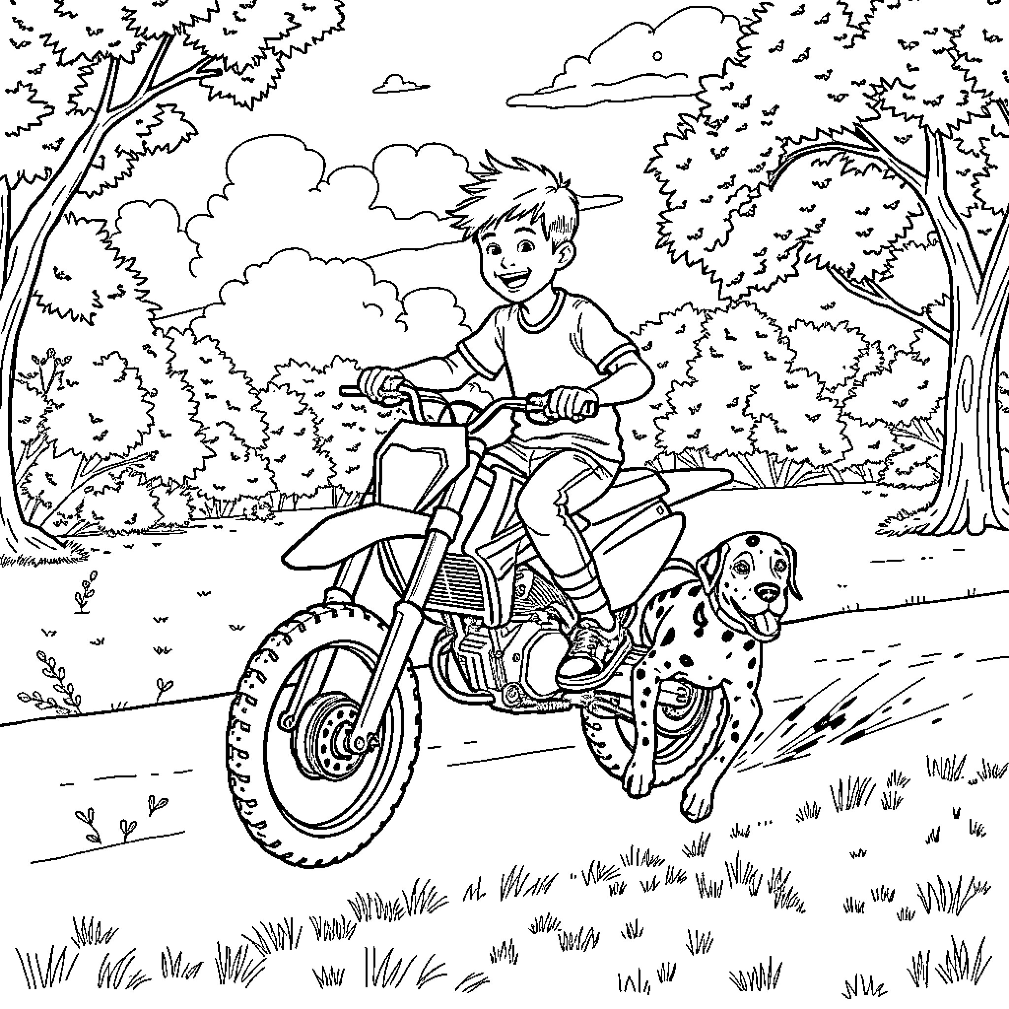 Boy riding motorcycle with dog in the park Coloring Page (free black-and-white line drawing printable PDF for all, from beginners to advanced learners, including children, teens, adults, and seniors)