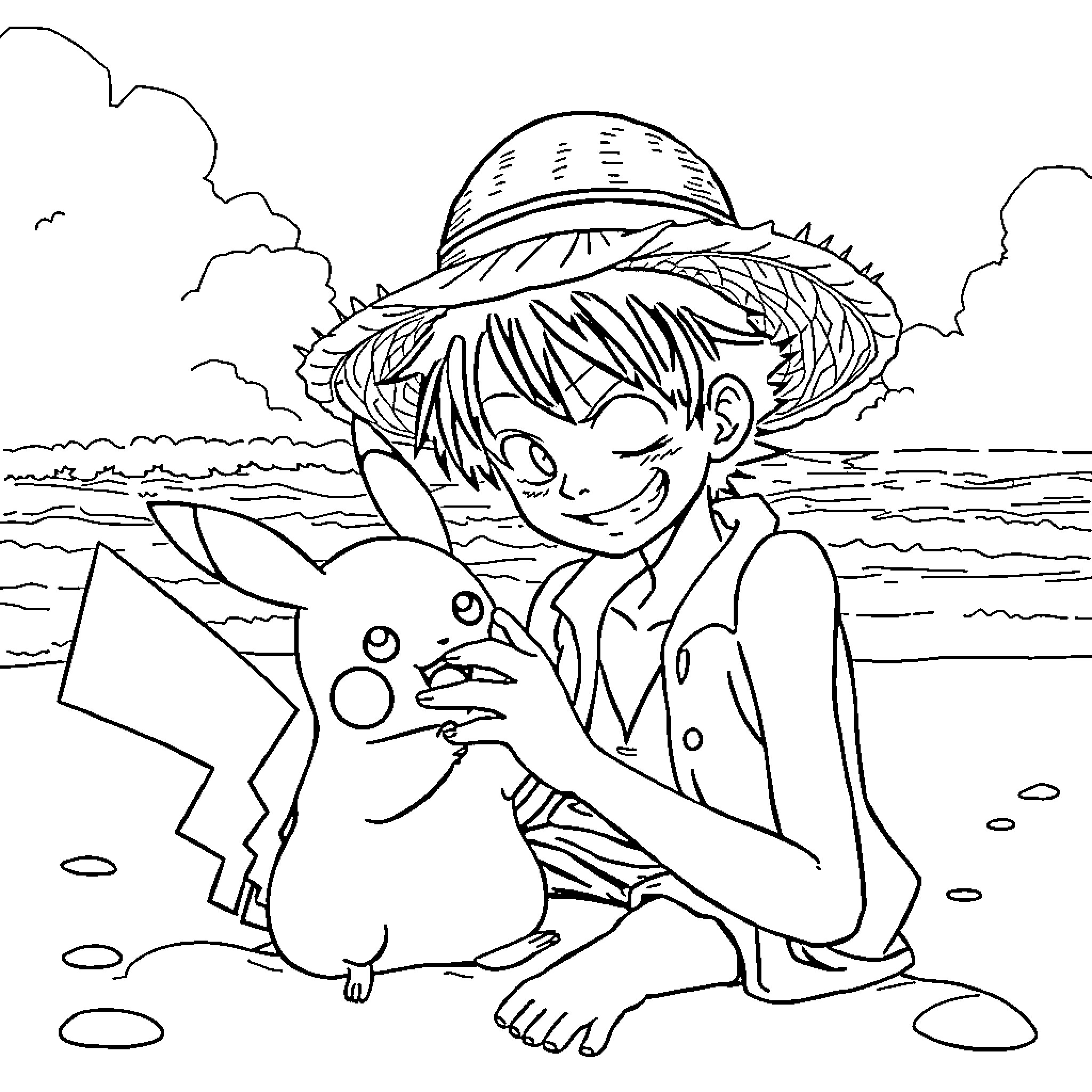 Luffy and Pikachu relaxing on the beach Coloring Page (free black-and-white line drawing printable PDF for all, from beginners to advanced learners, including children, teens, adults, and seniors)