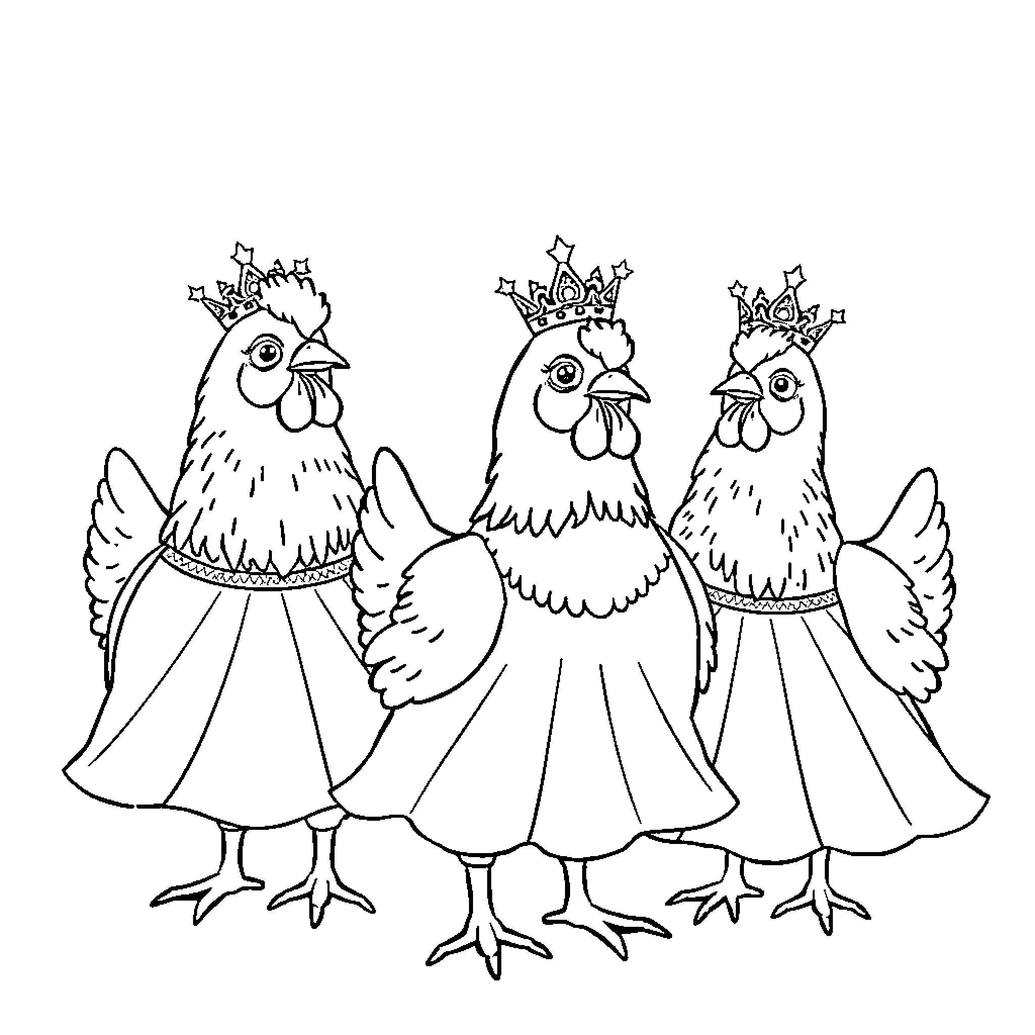 Chicken Royalty Wearing Crowns and Elegant Outfits Coloring Page (free black-and-white line drawing printable PDF for all, from beginners to advanced learners, including children, teens, adults, and seniors)