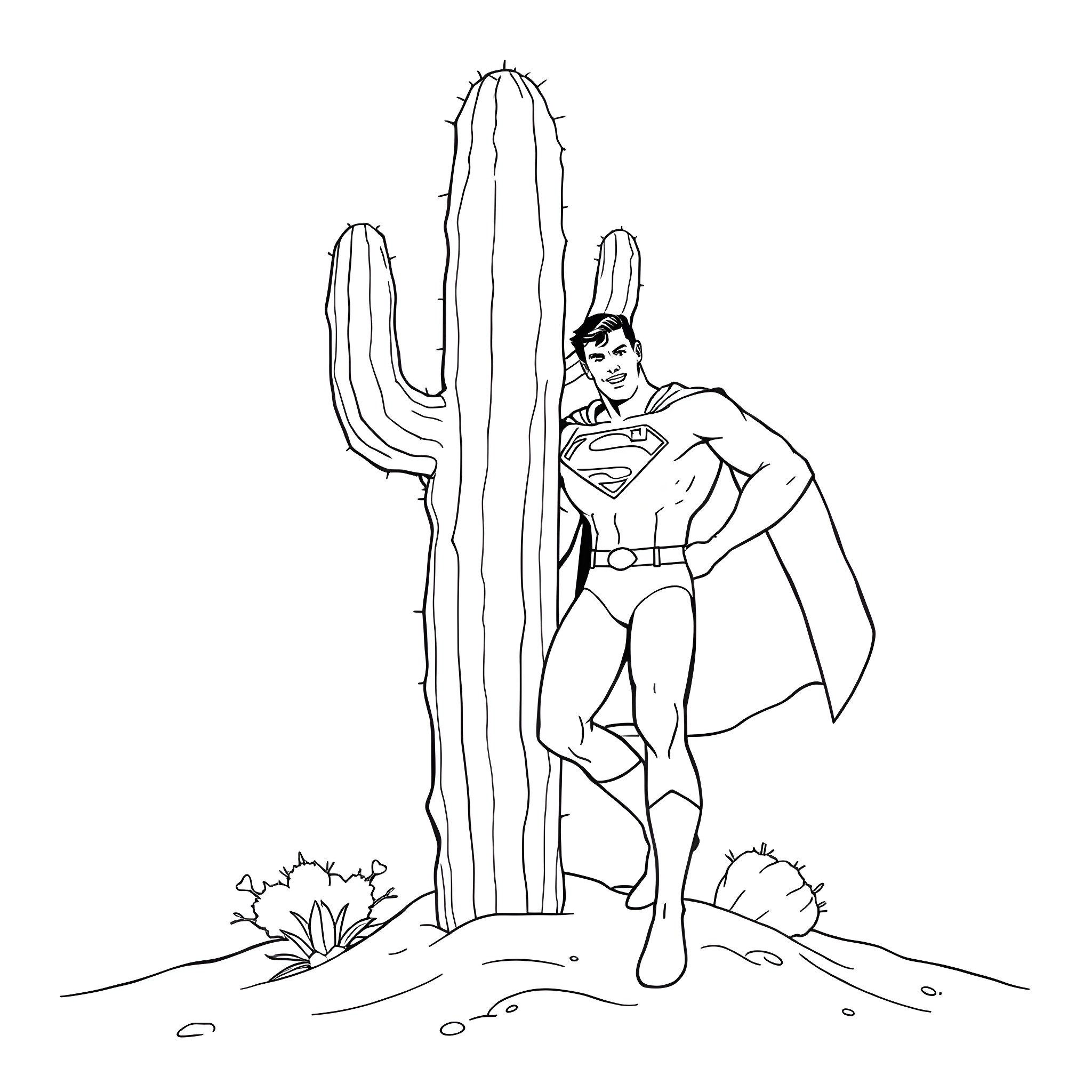 Superman posing heroically in desert landscape Coloring Page (free black-and-white line drawing printable PDF for all, from beginners to advanced learners, including children, teens, adults, and seniors)