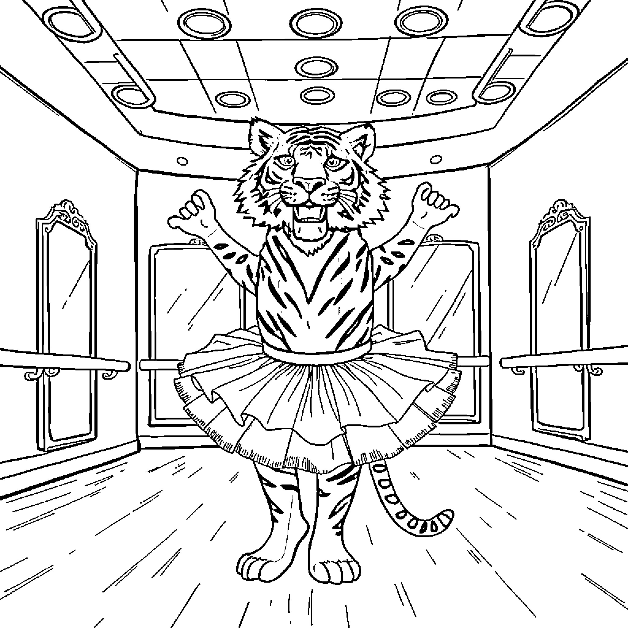 Tigre performing in a dressing room Coloring Page (free black-and-white line drawing printable PDF for all, from beginners to advanced learners, including children, teens, adults, and seniors)
