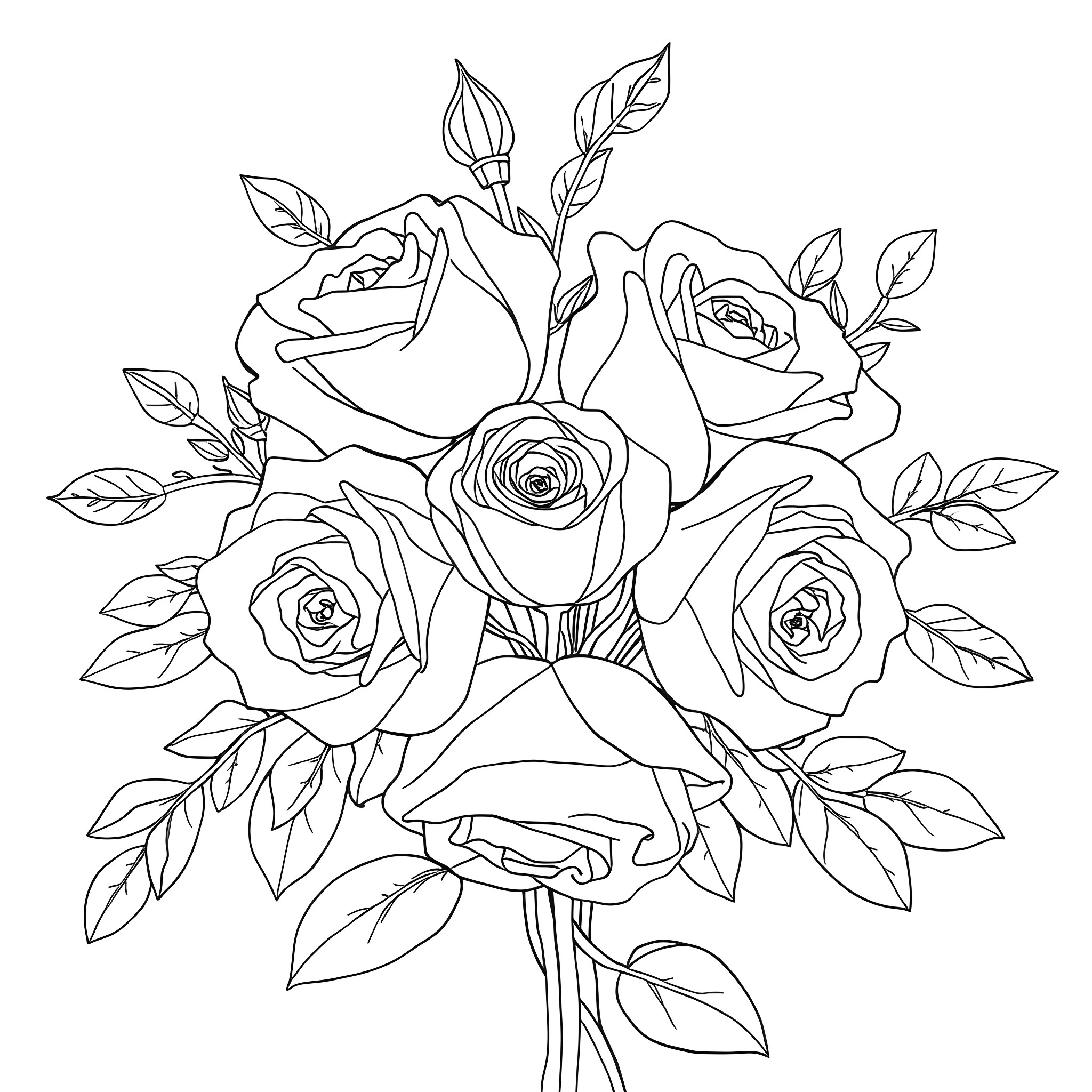 Rose Bouquet with Beautiful Blooms Coloring Page (free black-and-white line drawing printable PDF for all, from beginners to advanced learners, including children, teens, adults, and seniors)