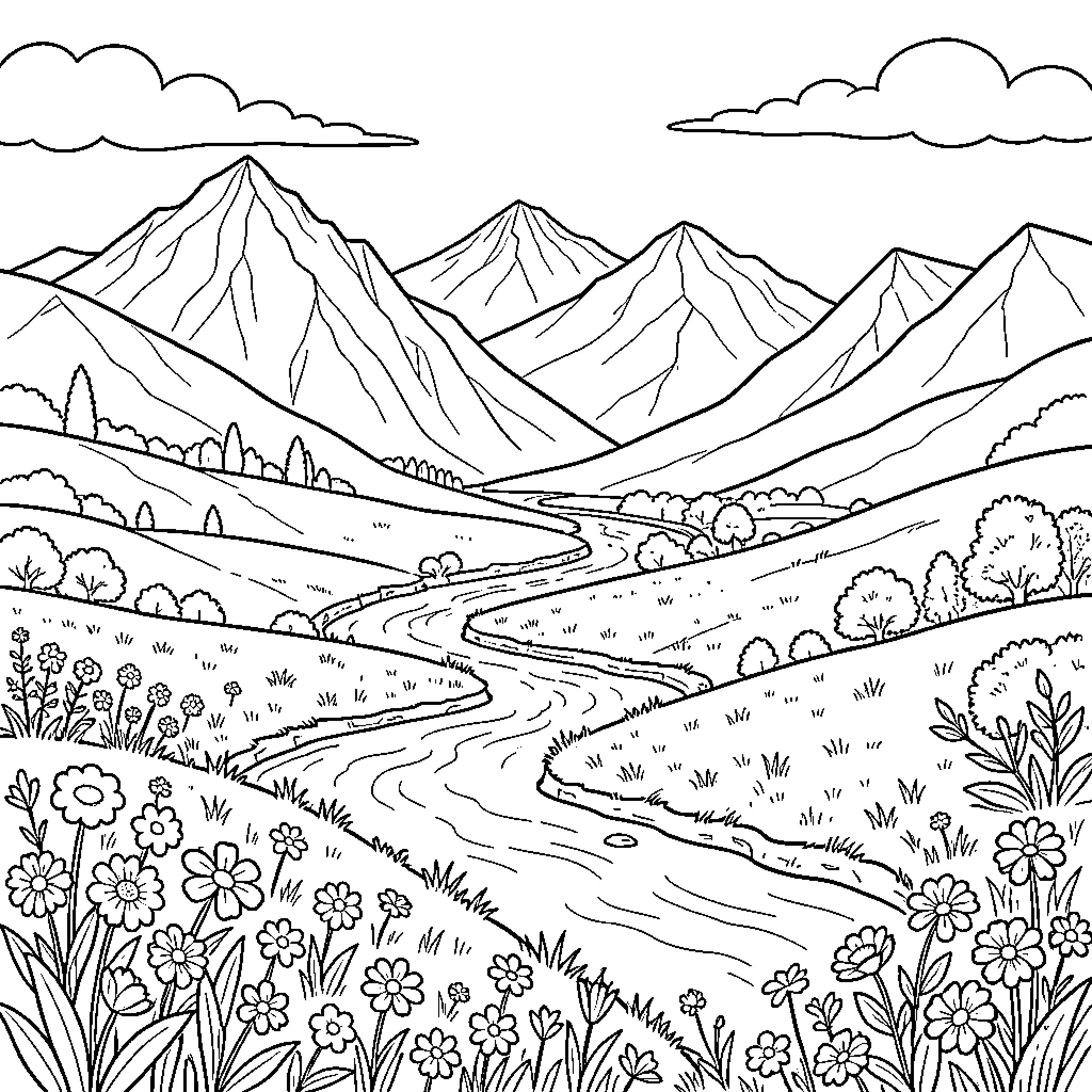 Peru Countryside Landscape with Mountains and Flowers Coloring Page (free black-and-white line drawing printable PDF for all, from beginners to advanced learners, including children, teens, adults, and seniors)