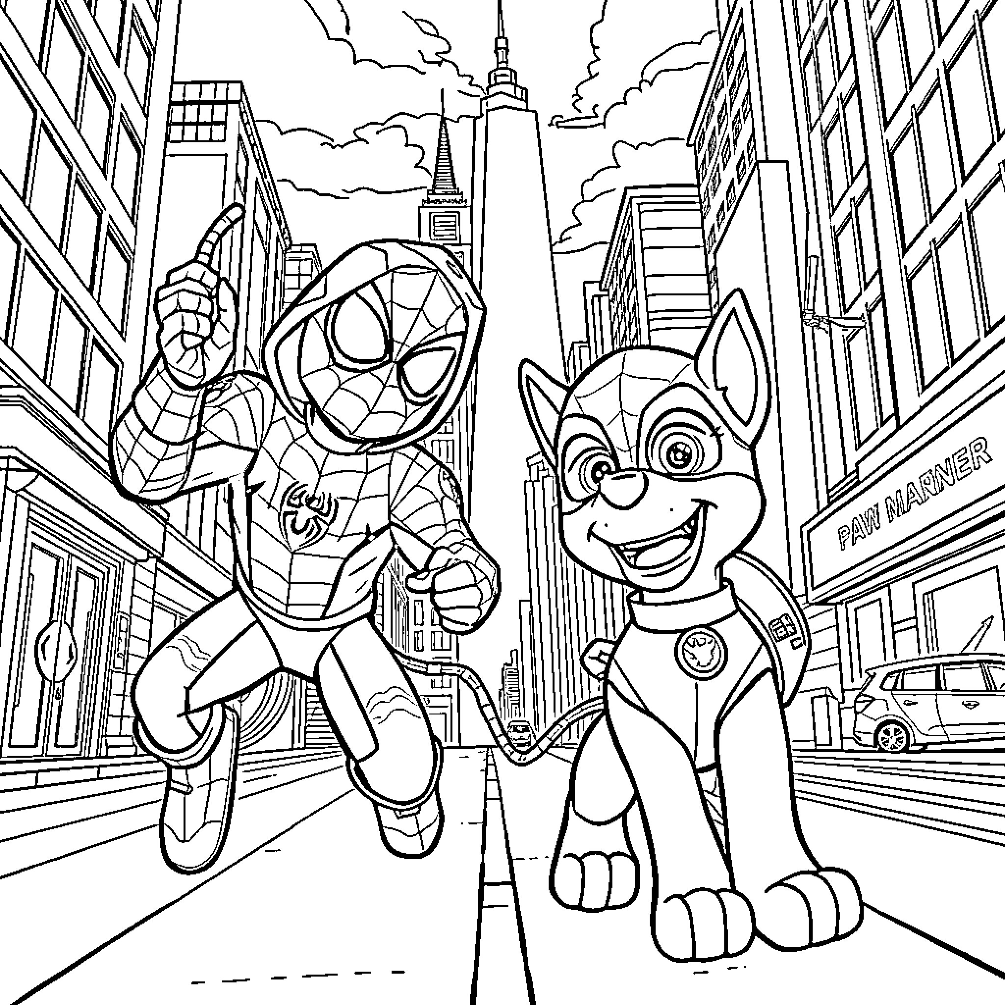 Paw Patrol heroes save the day in the big city Coloring Page (free black-and-white line drawing printable PDF for all, from beginners to advanced learners, including children, teens, adults, and seniors)
