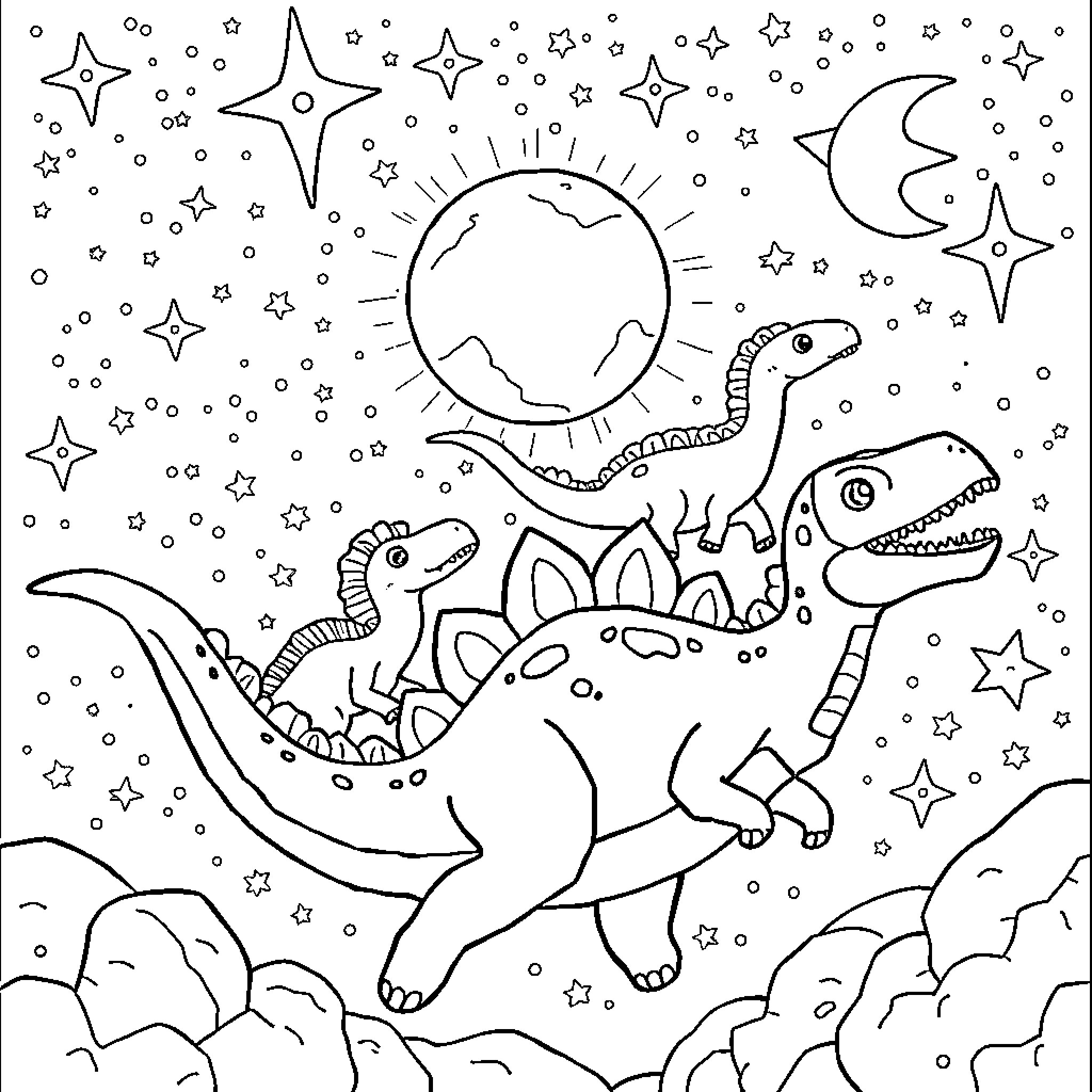 Dinosaur playing under the starry night sky Coloring Page (free black-and-white line drawing printable PDF for all, from beginners to advanced learners, including children, teens, adults, and seniors)