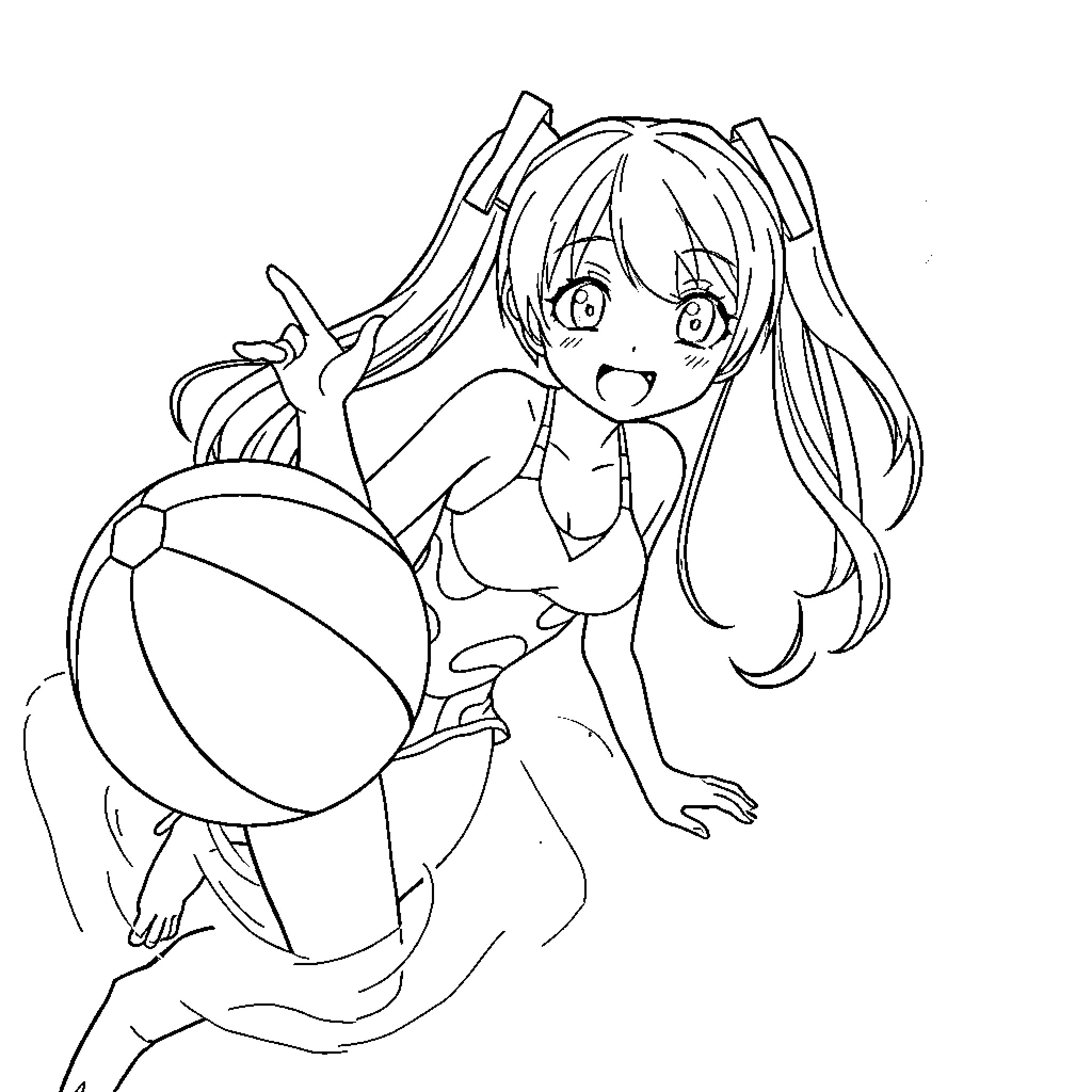 Miku playing joyfully with a beach ball Coloring Page (free black-and-white line drawing printable PDF for all, from beginners to advanced learners, including children, teens, adults, and seniors)