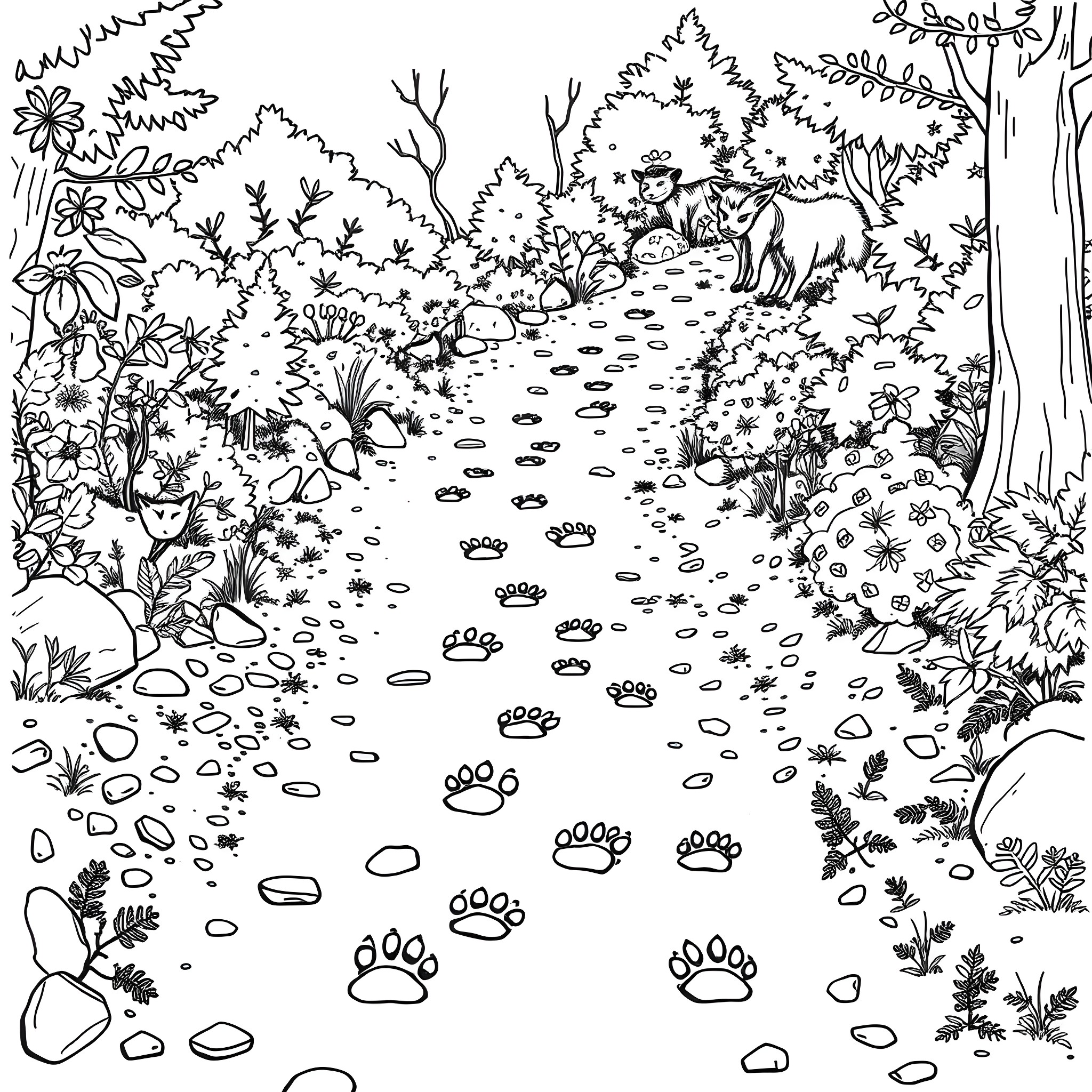 Animal Footprint in the Lush Woodland Coloring Page (free black-and-white line drawing printable PDF for all, from beginners to advanced learners, including children, teens, adults, and seniors)