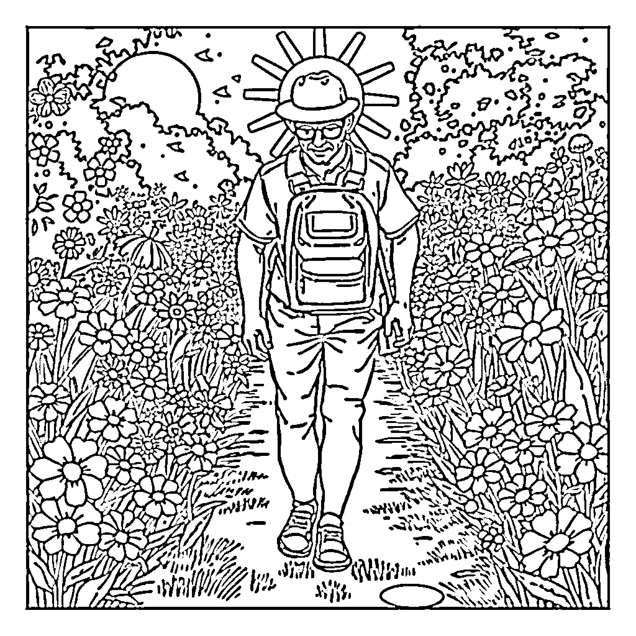 Walker exploring a blooming garden landscape Coloring Page (free black-and-white line drawing printable PDF for all, from beginners to advanced learners, including children, teens, adults, and seniors)
