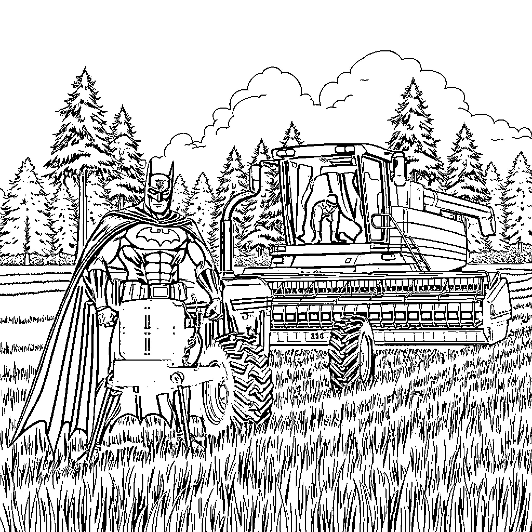 Batman on a tractor in a snowy forest landscape Coloring Page (free black-and-white line drawing printable PDF for all, from beginners to advanced learners, including children, teens, adults, and seniors)