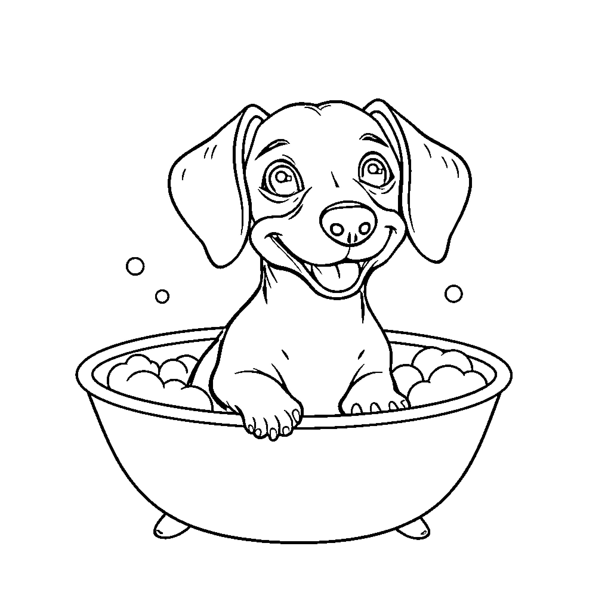 Dachshund enjoying a bubbly bath Coloring Page (free black-and-white line drawing printable PDF for all, from beginners to advanced learners, including children, teens, adults, and seniors)