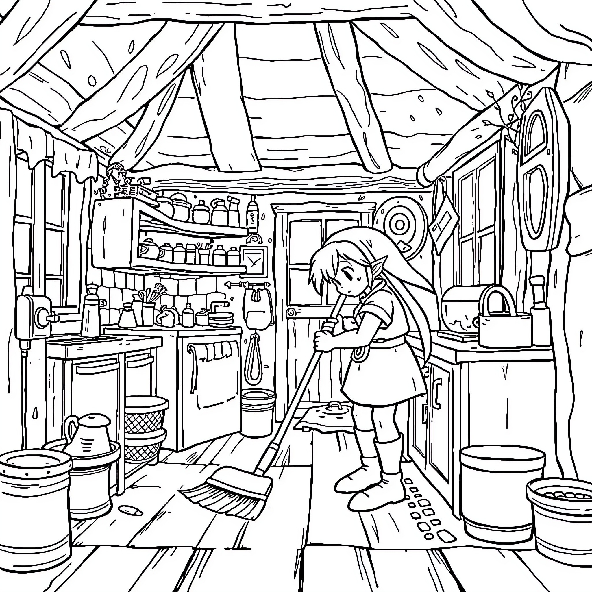 Link cleaning up a messy kitchen Coloring Page (free black-and-white line drawing printable PDF for all, from beginners to advanced learners, including children, teens, adults, and seniors)