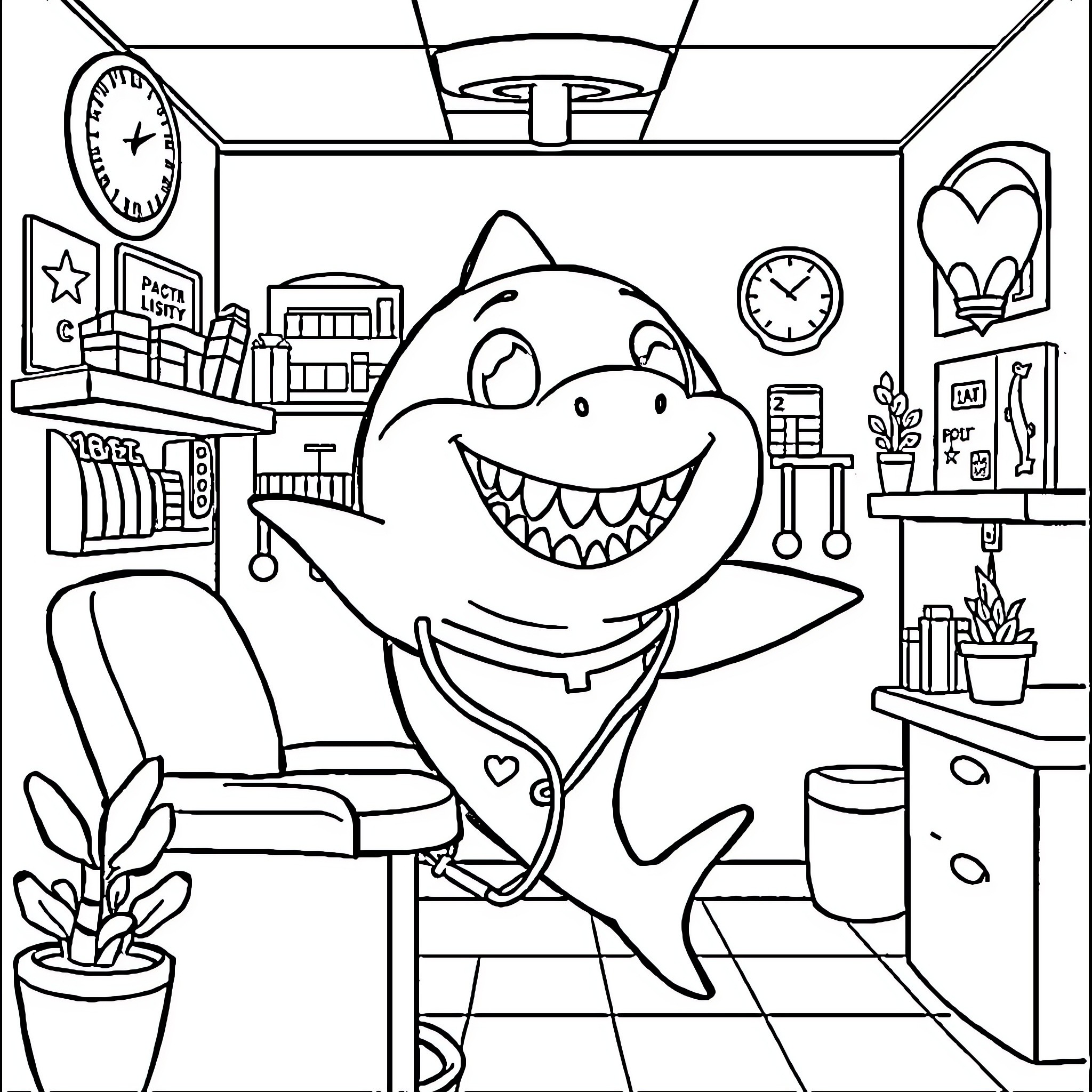 Baby Shark Happily Explores Classroom Setting Coloring Page (free black-and-white line drawing printable PDF for all, from beginners to advanced learners, including children, teens, adults, and seniors)