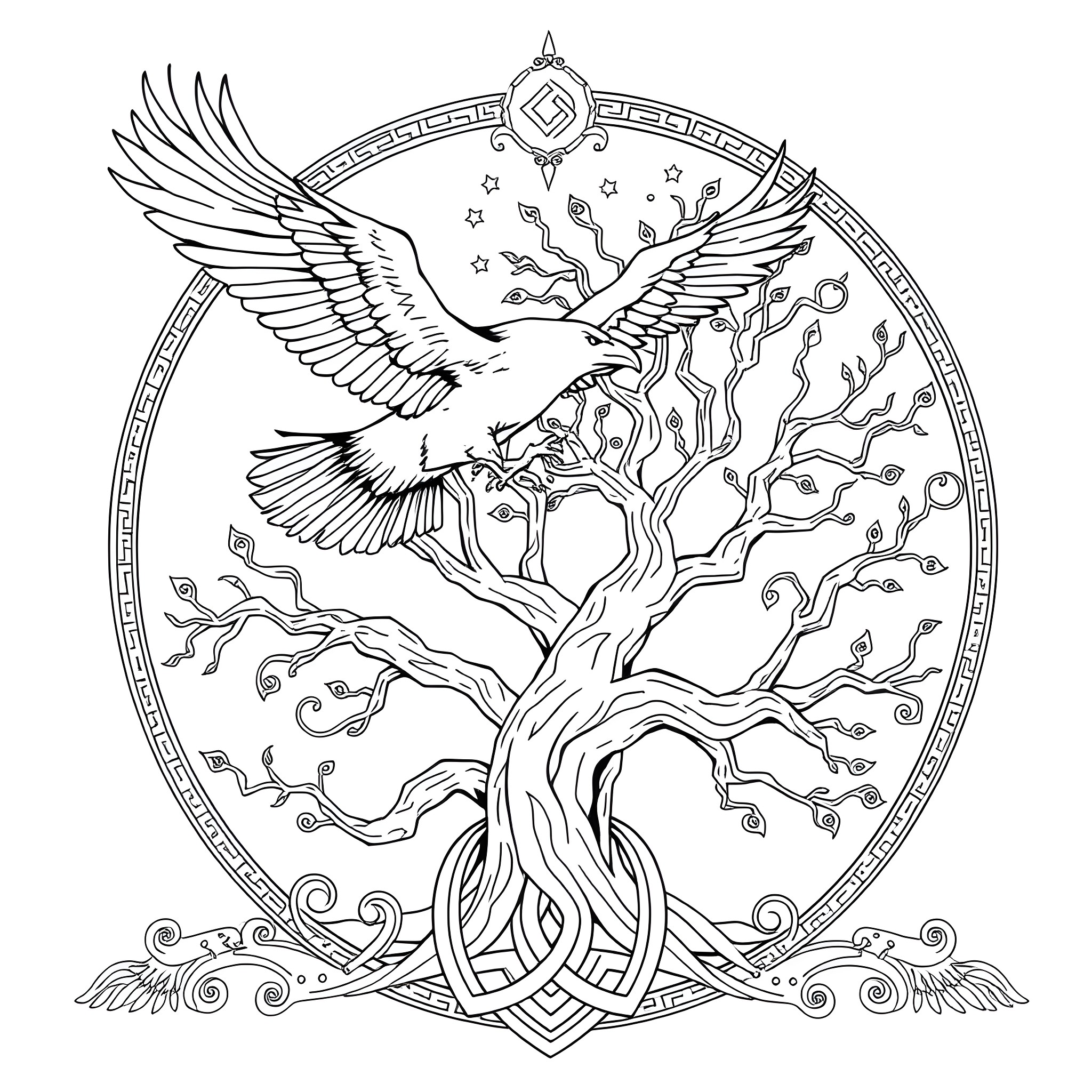 Celtic mythical bird soaring over twisted tree Coloring Page (free black-and-white line drawing printable PDF for all, from beginners to advanced learners, including children, teens, adults, and seniors)