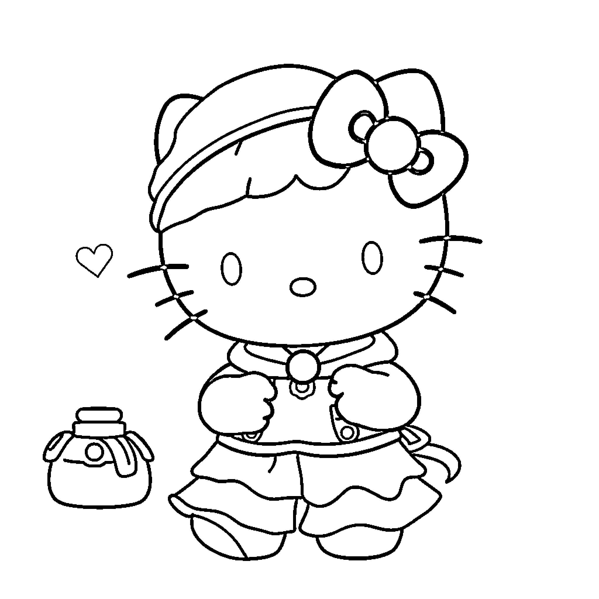 Hello Kitty carrying a purse with a bow Coloring Page (free black-and-white line drawing printable PDF for all, from beginners to advanced learners, including children, teens, adults, and seniors)