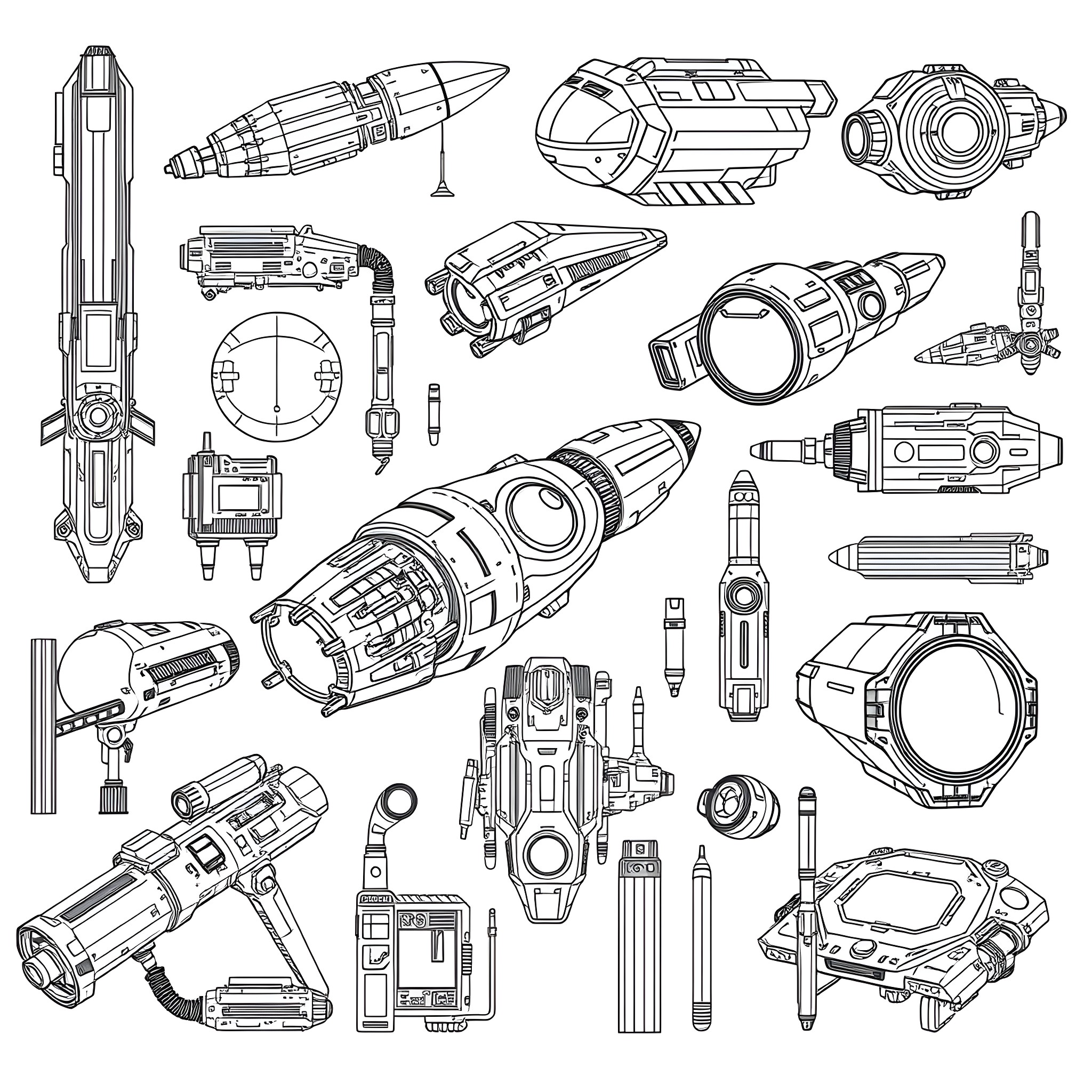 Sci-Fi Item Assortment of Futuristic Weapons and Equipment Coloring Page (free black-and-white line drawing printable PDF for all, from beginners to advanced learners, including children, teens, adults, and seniors)