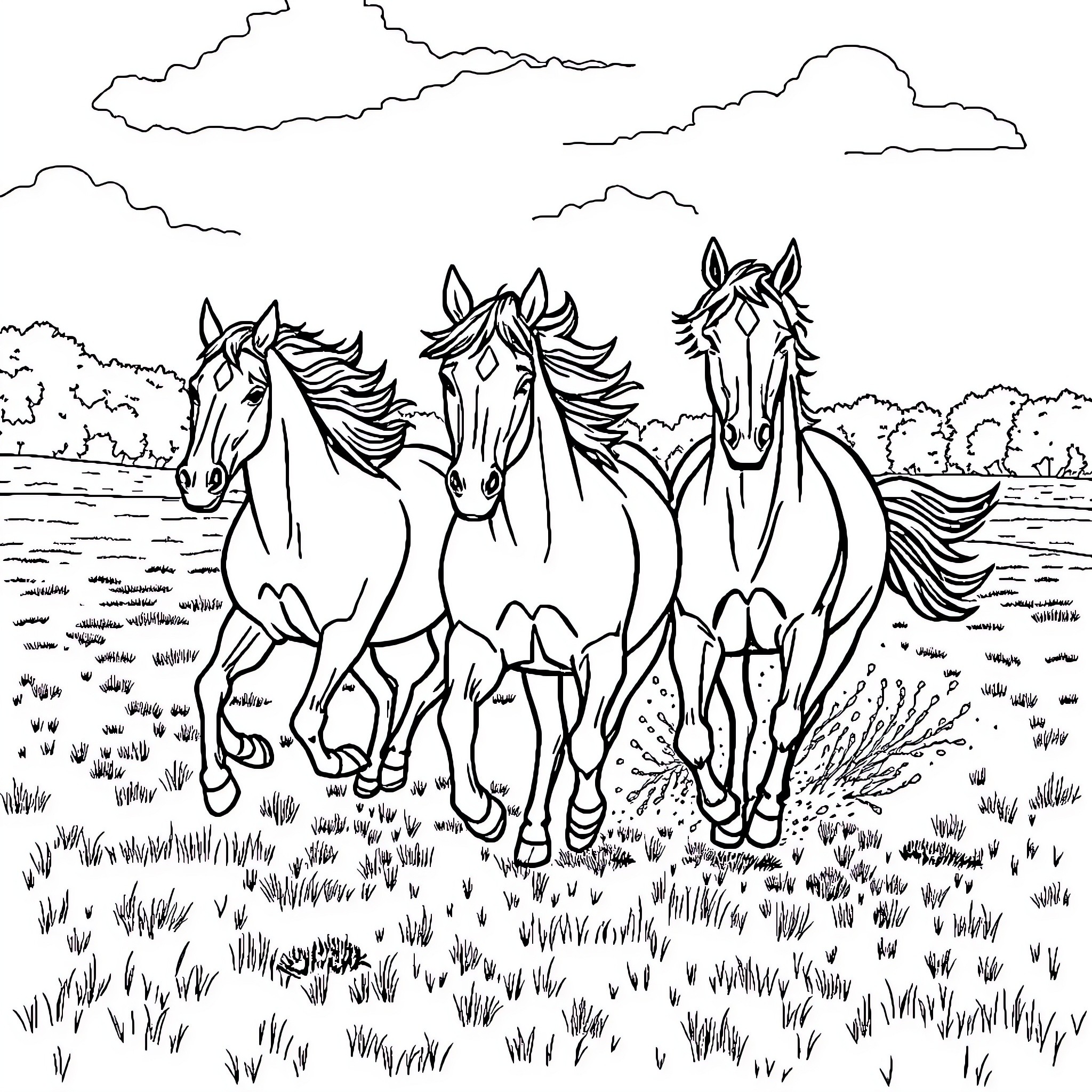 Horse herd galloping through open field Coloring Page (free black-and-white line drawing printable PDF for all, from beginners to advanced learners, including children, teens, adults, and seniors)