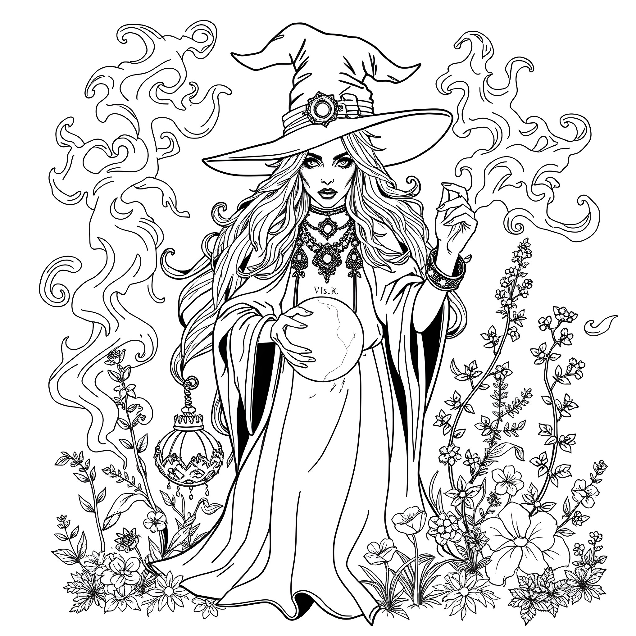 Witch with Mystic Attire and Floral Backdrop Coloring Page (free black-and-white line drawing printable PDF for all, from beginners to advanced learners, including children, teens, adults, and seniors)