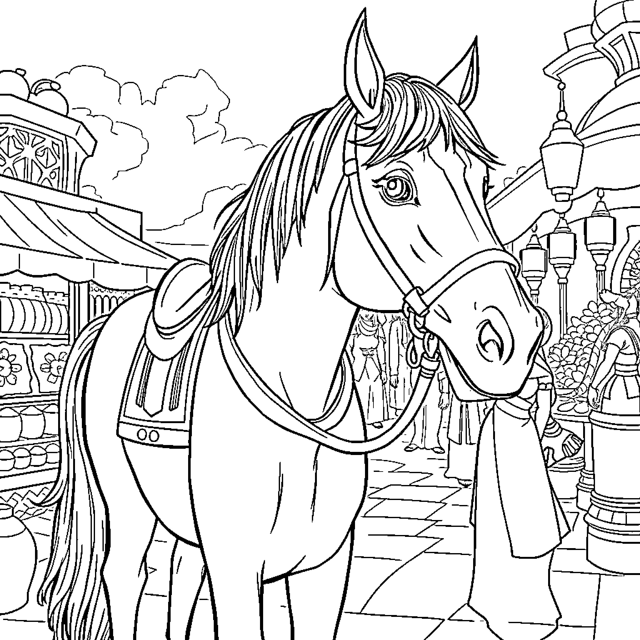 Horse standing in a colorful village market Coloring Page (free black-and-white line drawing printable PDF for all, from beginners to advanced learners, including children, teens, adults, and seniors)