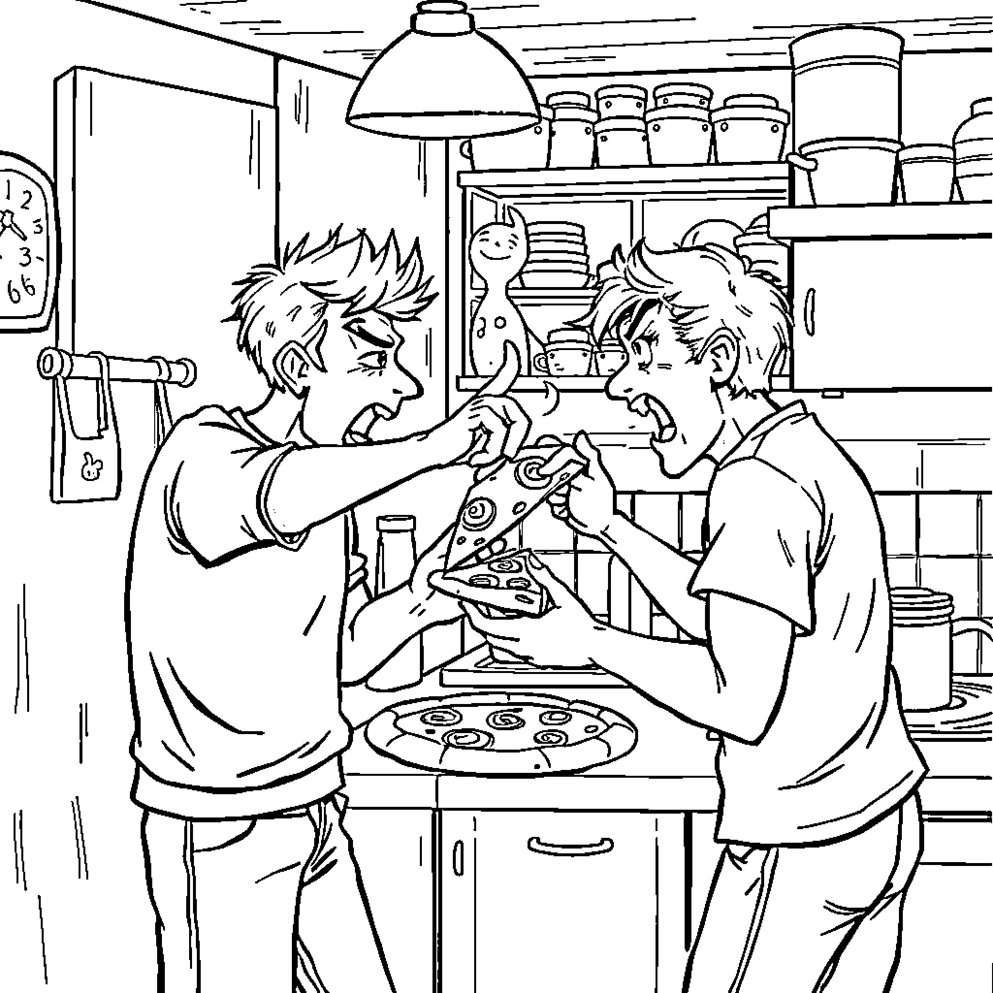 Person cooking together in the kitchen Coloring Page (free black-and-white line drawing printable PDF for all, from beginners to advanced learners, including children, teens, adults, and seniors)