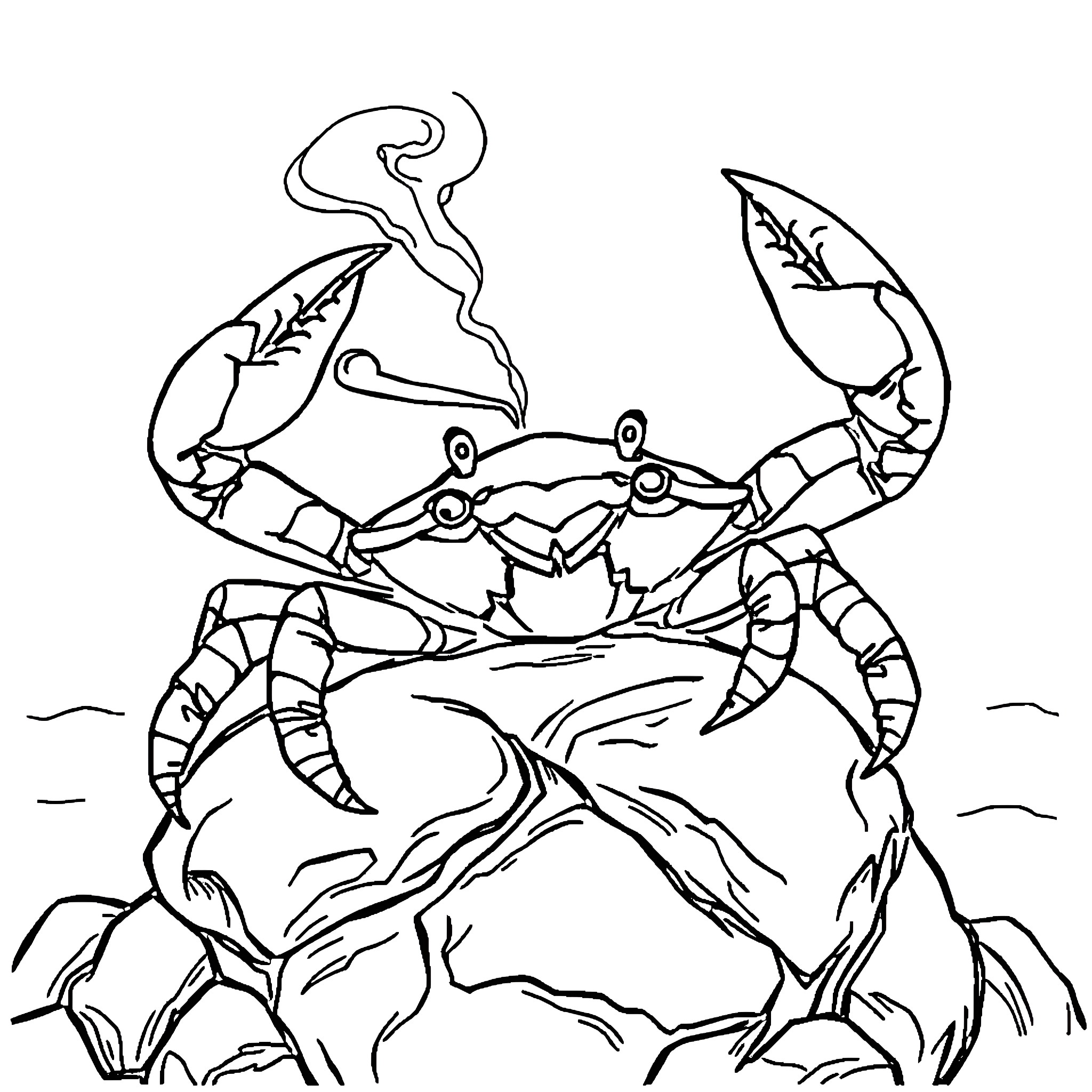 Crab emerging from rocky shore Coloring Page (free black-and-white line drawing printable PDF for all, from beginners to advanced learners, including children, teens, adults, and seniors)