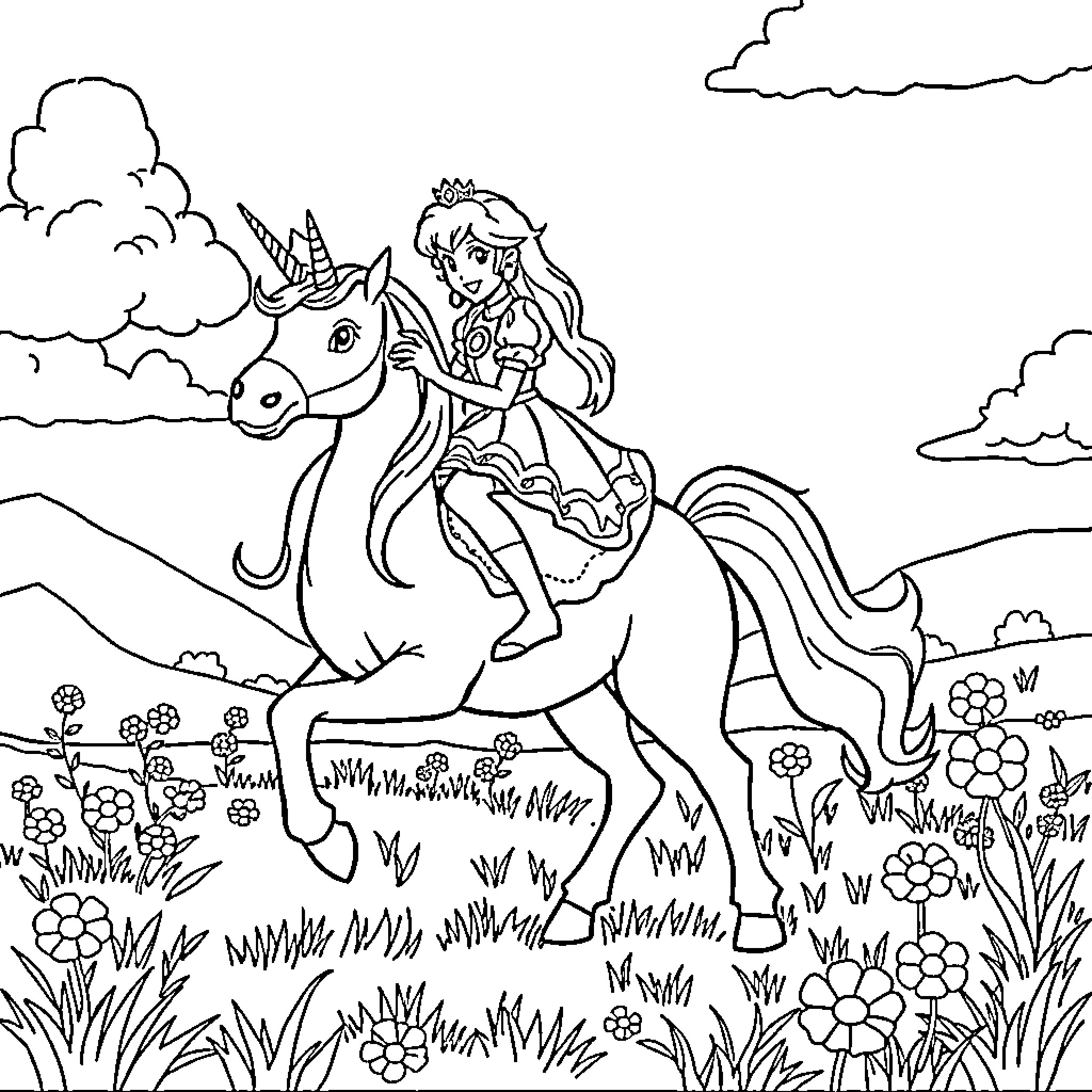 Princess Peach riding a magical unicorn through a flowery meadow Coloring Page (free black-and-white line drawing printable PDF for all, from beginners to advanced learners, including children, teens, adults, and seniors)