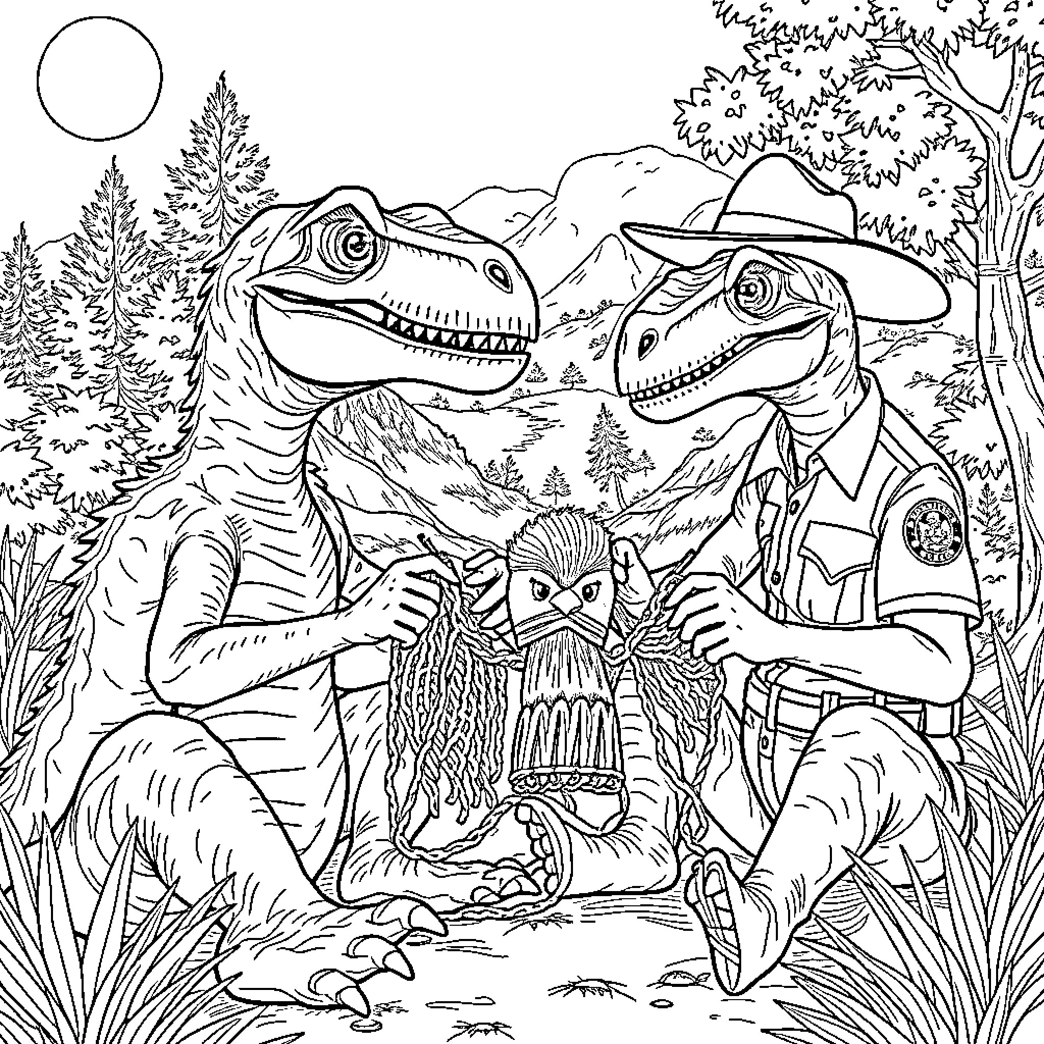 Velociraptor Rangers in the Prehistoric Wilderness Coloring Page (free black-and-white line drawing printable PDF for all, from beginners to advanced learners, including children, teens, adults, and seniors)