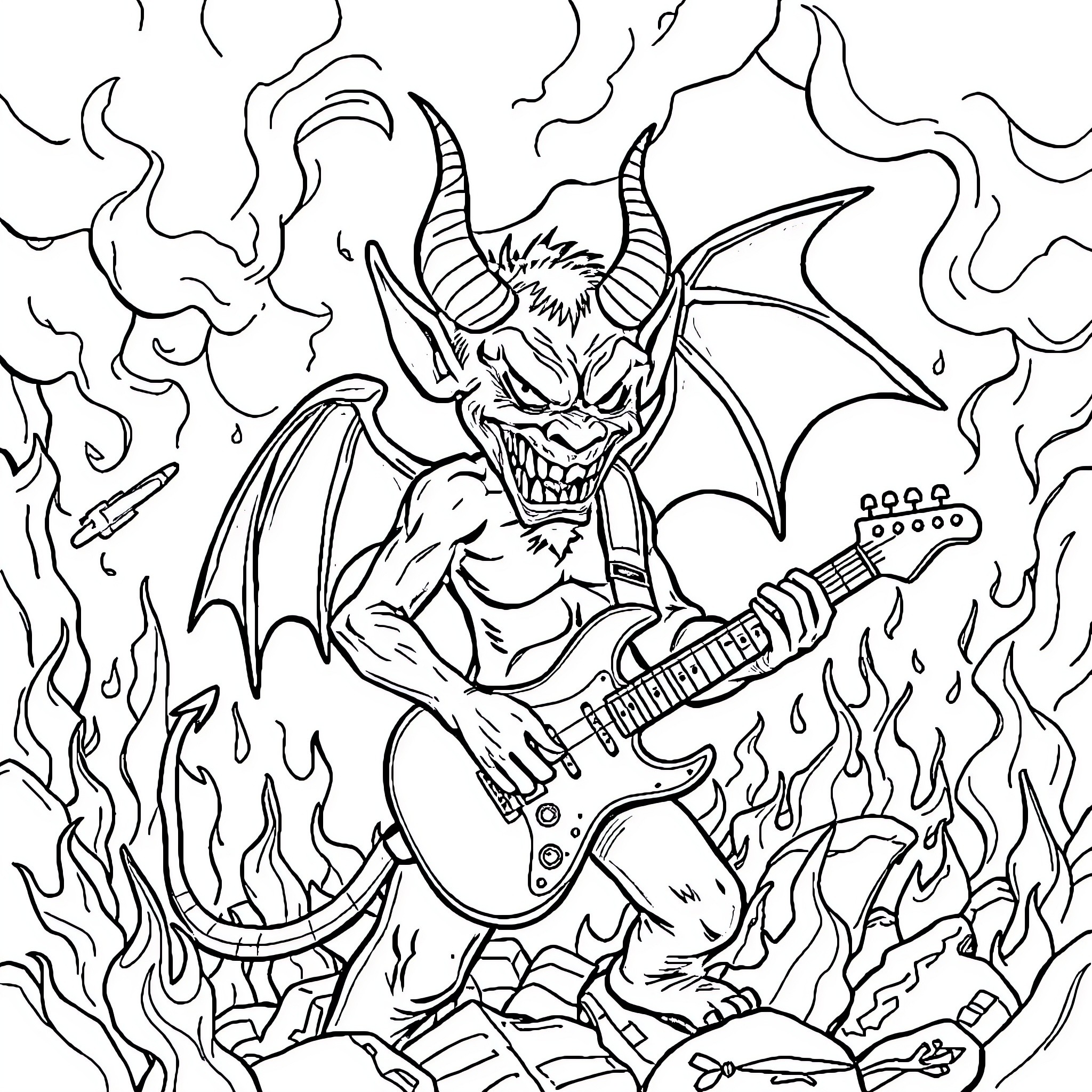 Devil Unleashing Fiery Rock Performance Coloring Page (free black-and-white line drawing printable PDF for all, from beginners to advanced learners, including children, teens, adults, and seniors)