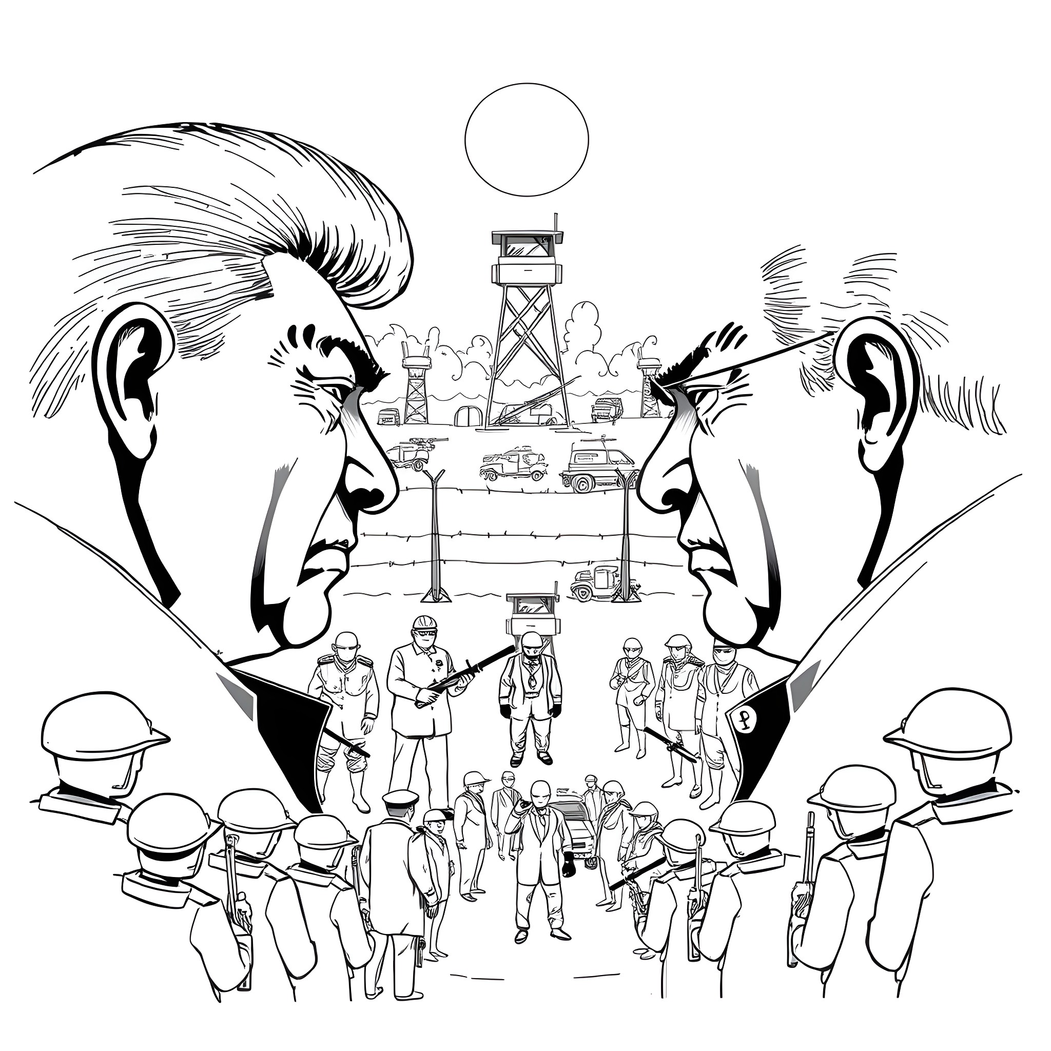 Cold War Showdown: Tense Standoff between Powerful Leaders Coloring Page (free black-and-white line drawing printable PDF for all, from beginners to advanced learners, including children, teens, adults, and seniors)