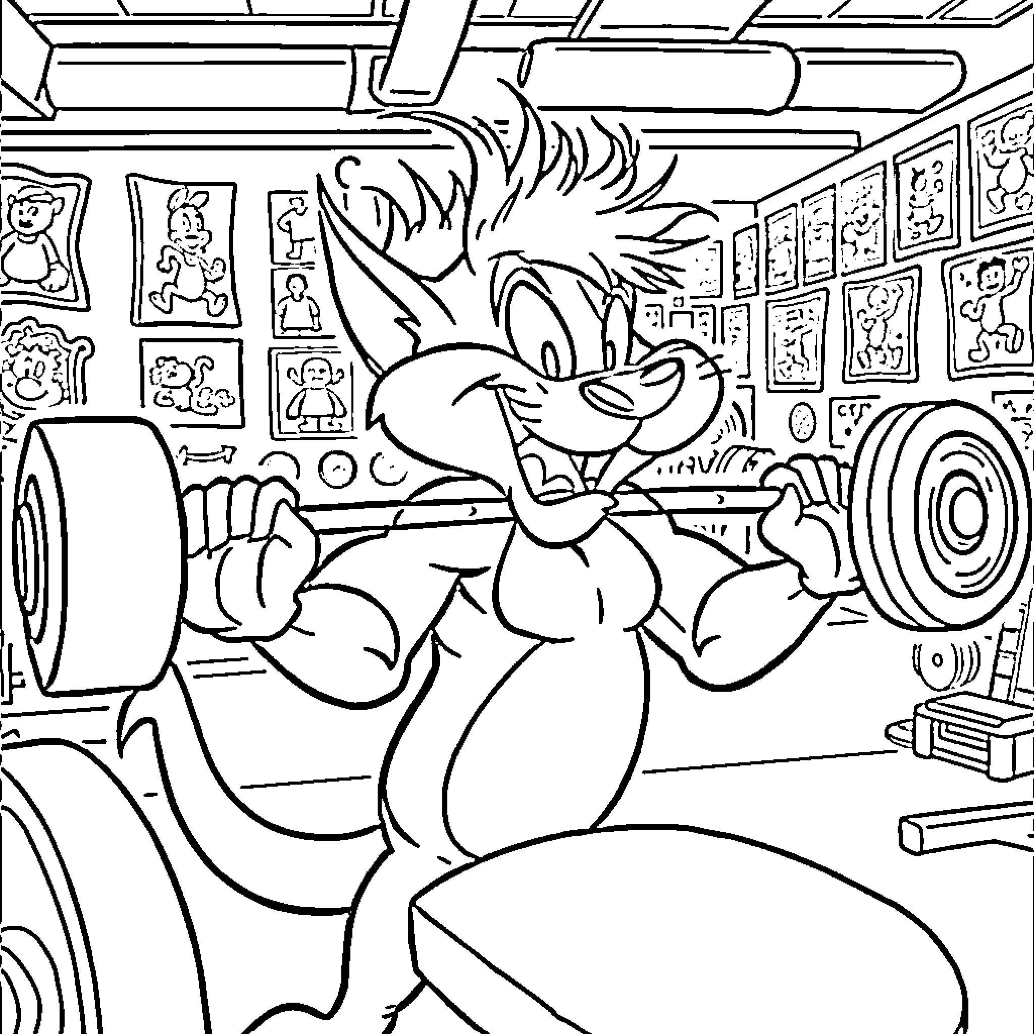 Tasmanian Devil in Workout Studio Coloring Page (free black-and-white line drawing printable PDF for all, from beginners to advanced learners, including children, teens, adults, and seniors)