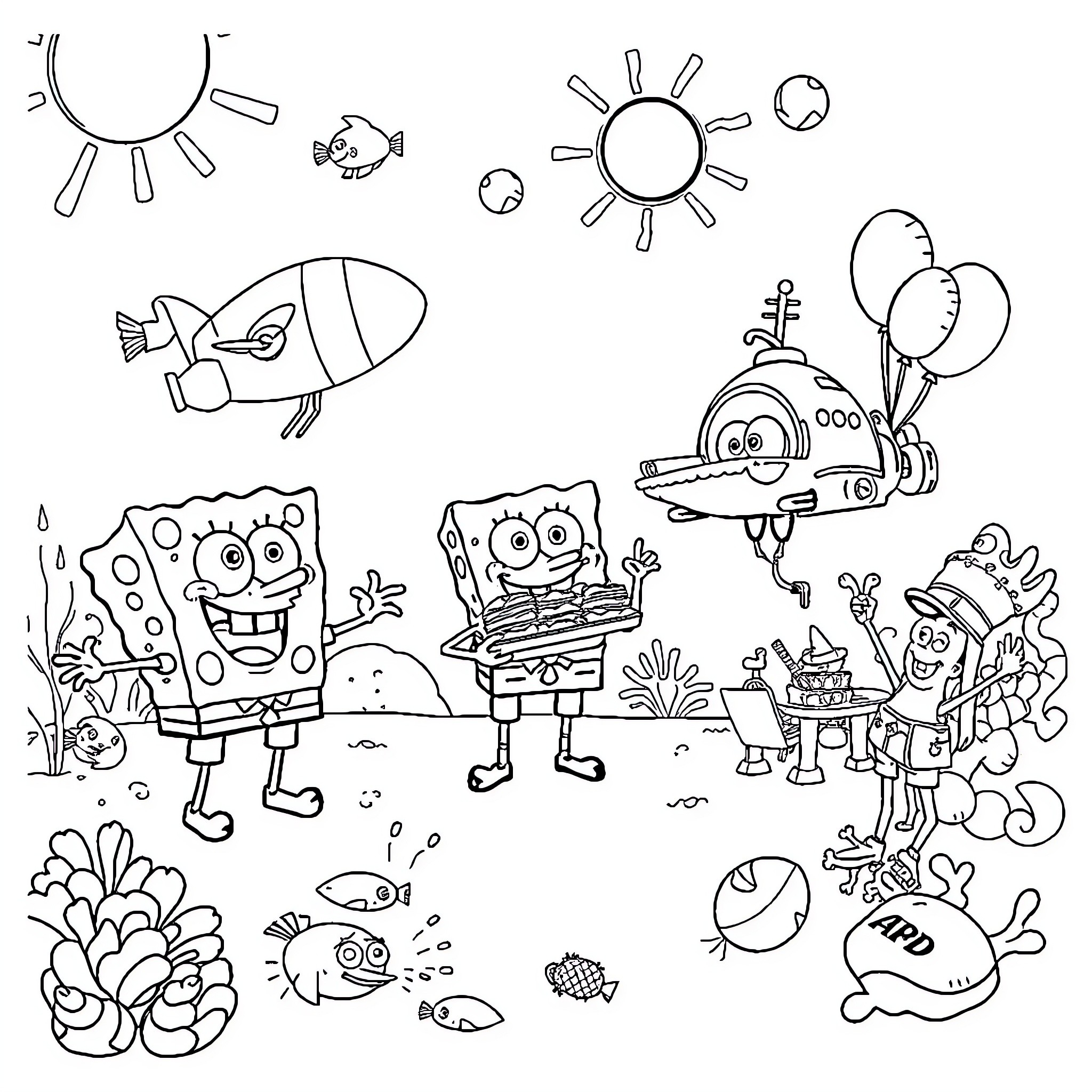 Spongebob and friends in an underwater adventure Coloring Page (free black-and-white line drawing printable PDF for all, from beginners to advanced learners, including children, teens, adults, and seniors)