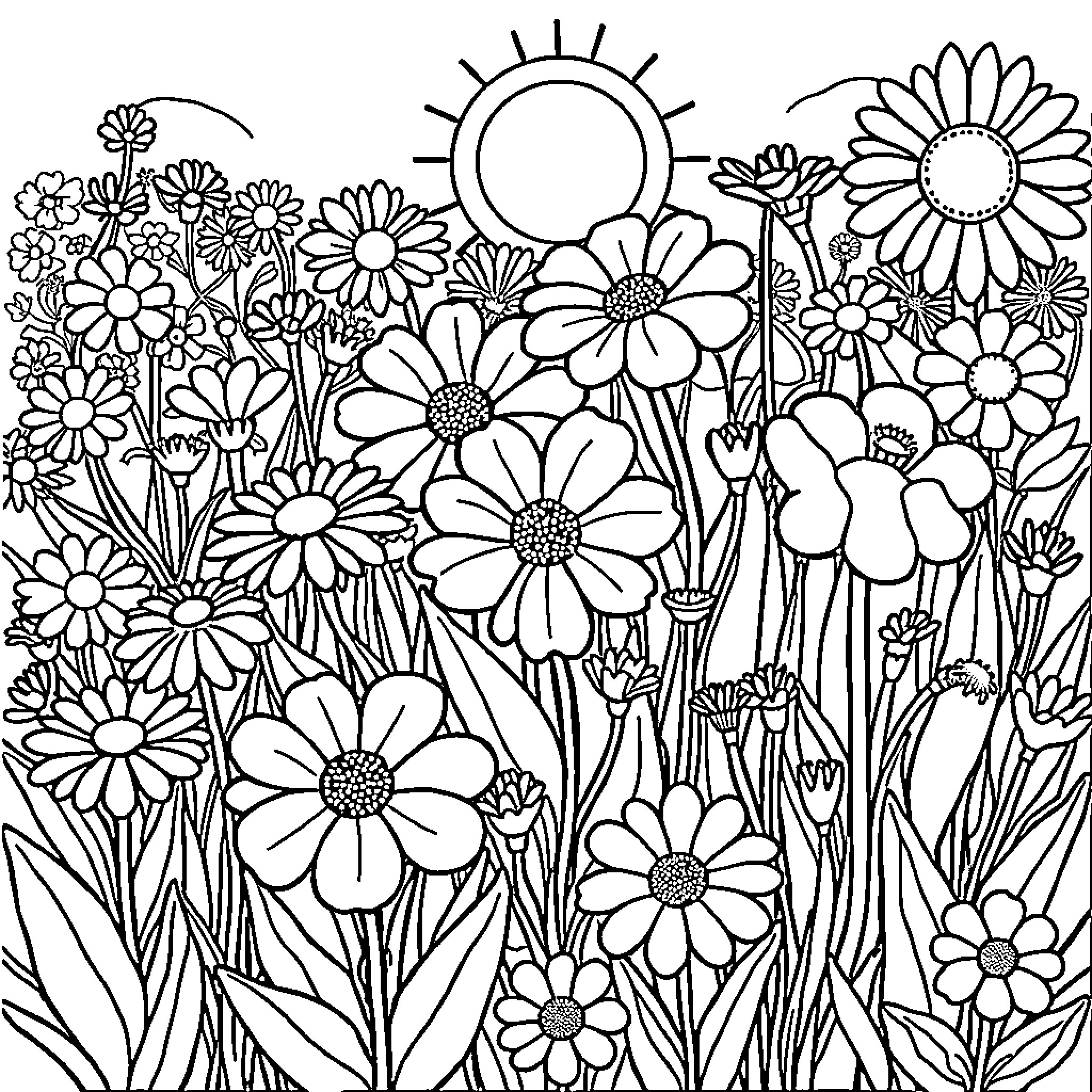 Flower garden with blooming flowers Coloring Page (free black-and-white line drawing printable PDF for all, from beginners to advanced learners, including children, teens, adults, and seniors)