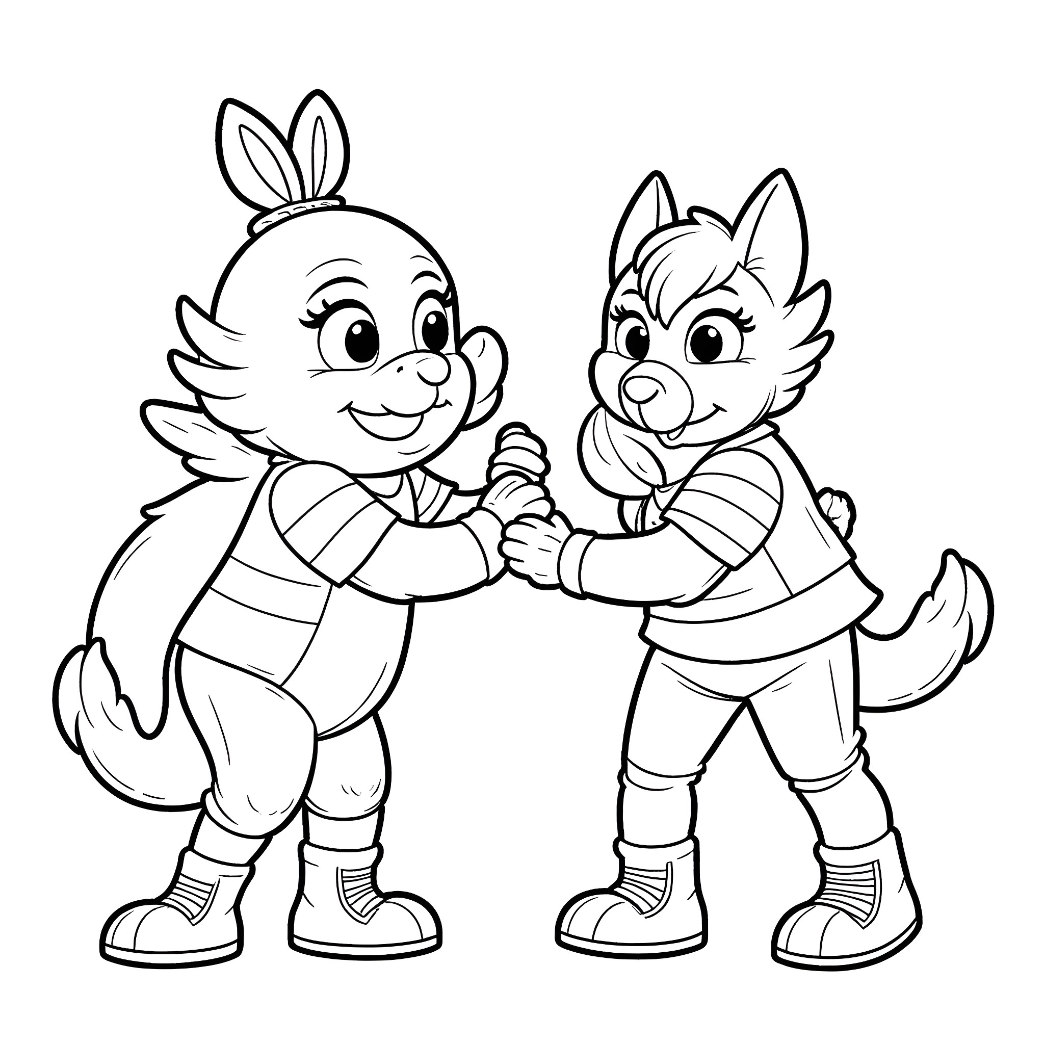 Mascot friends shaking hands in cheerful greeting Coloring Page (free black-and-white line drawing printable PDF for all, from beginners to advanced learners, including children, teens, adults, and seniors)