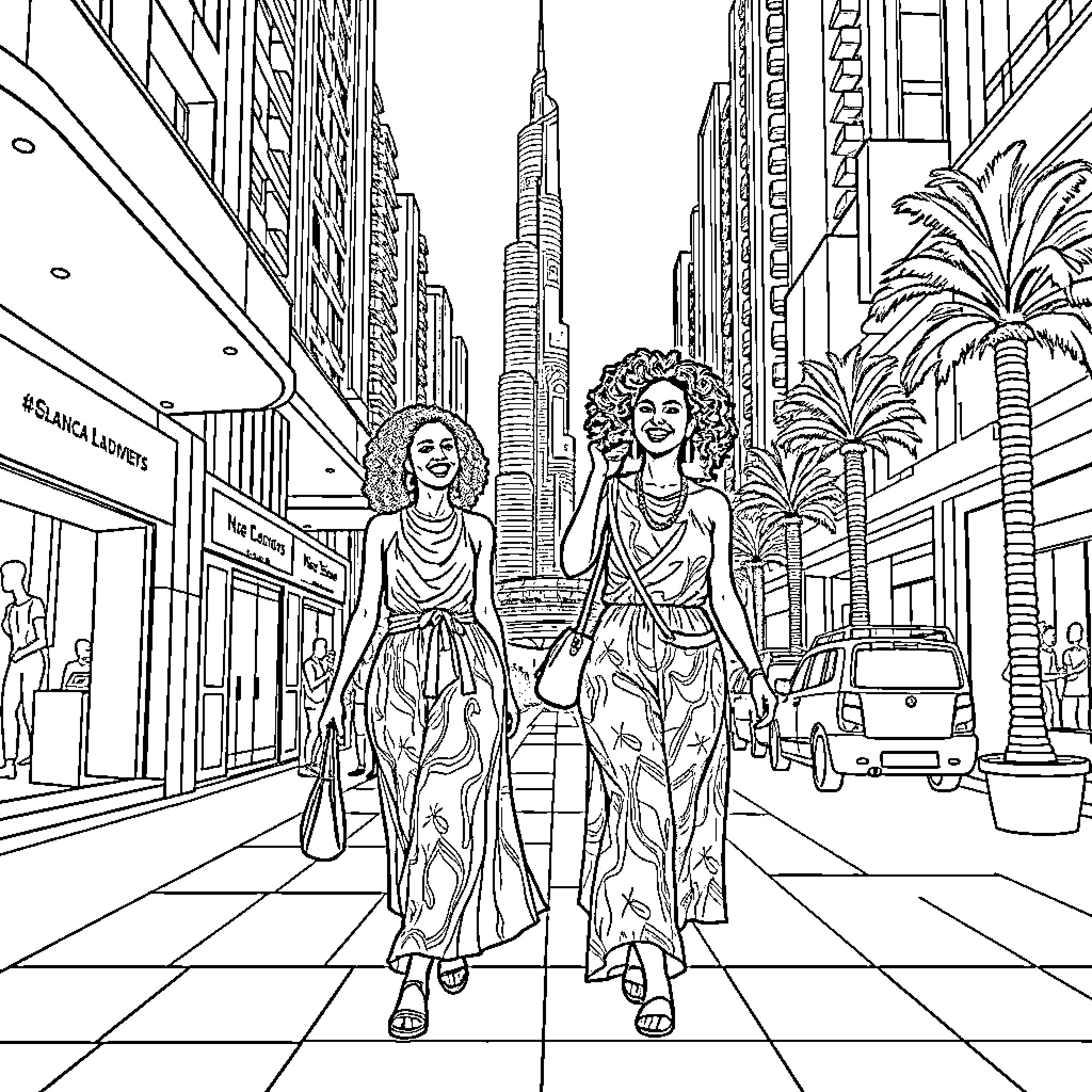 Woman Exploring Vibrant City Street with Friend Coloring Page (free black-and-white line drawing printable PDF for all, from beginners to advanced learners, including children, teens, adults, and seniors)