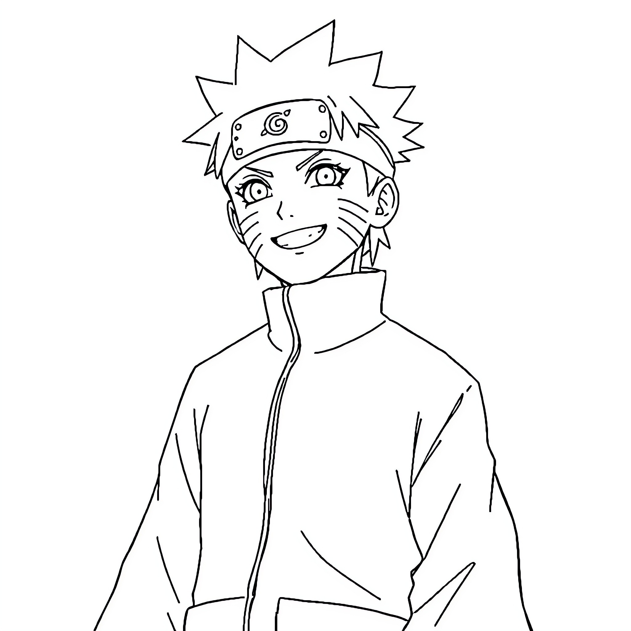 Naruto smiling happily in ninja outfit Coloring Page (free black-and-white line drawing printable PDF for all, from beginners to advanced learners, including children, teens, adults, and seniors)