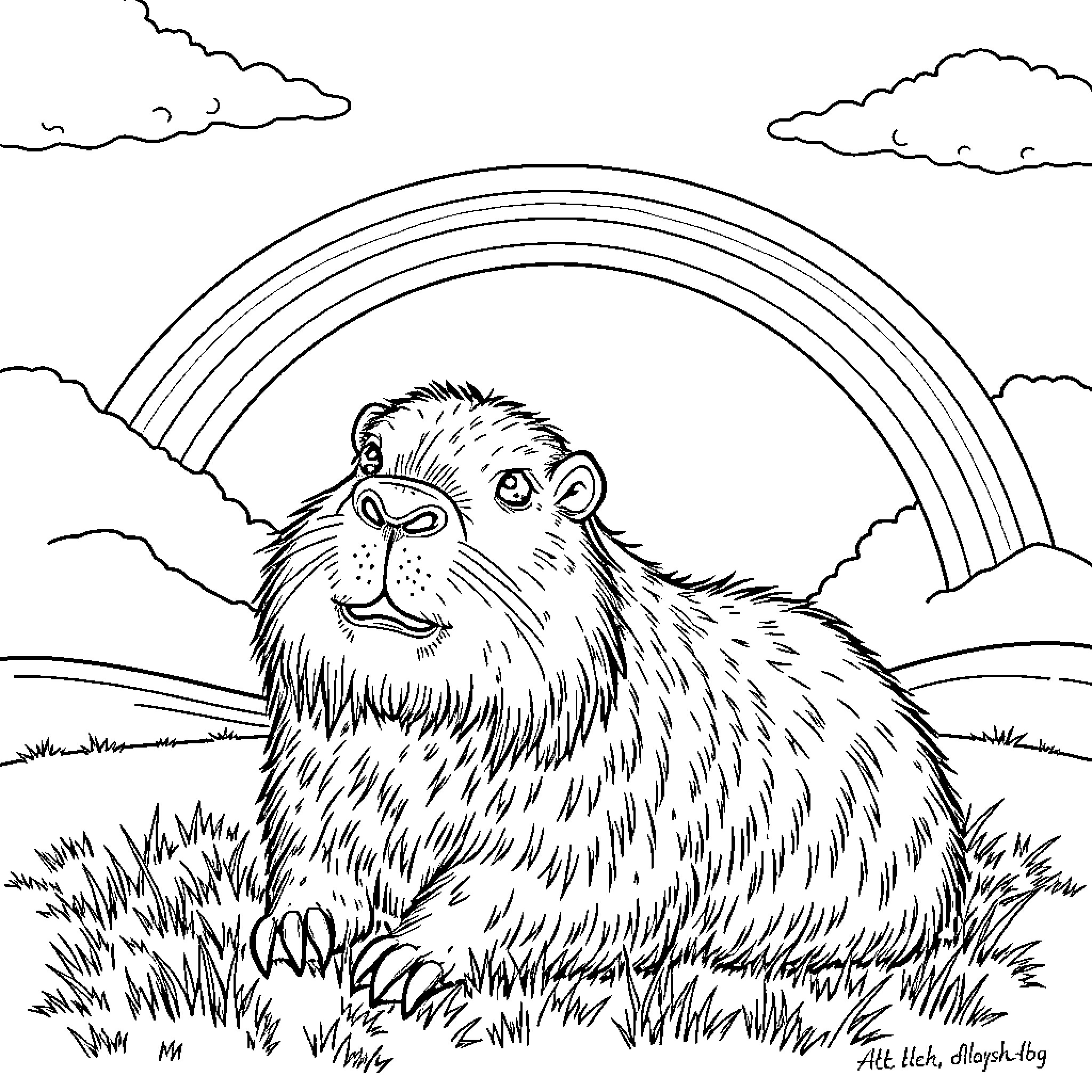 Capybara enjoying the rainbow in nature Coloring Page (free black-and-white line drawing printable PDF for all, from beginners to advanced learners, including children, teens, adults, and seniors)