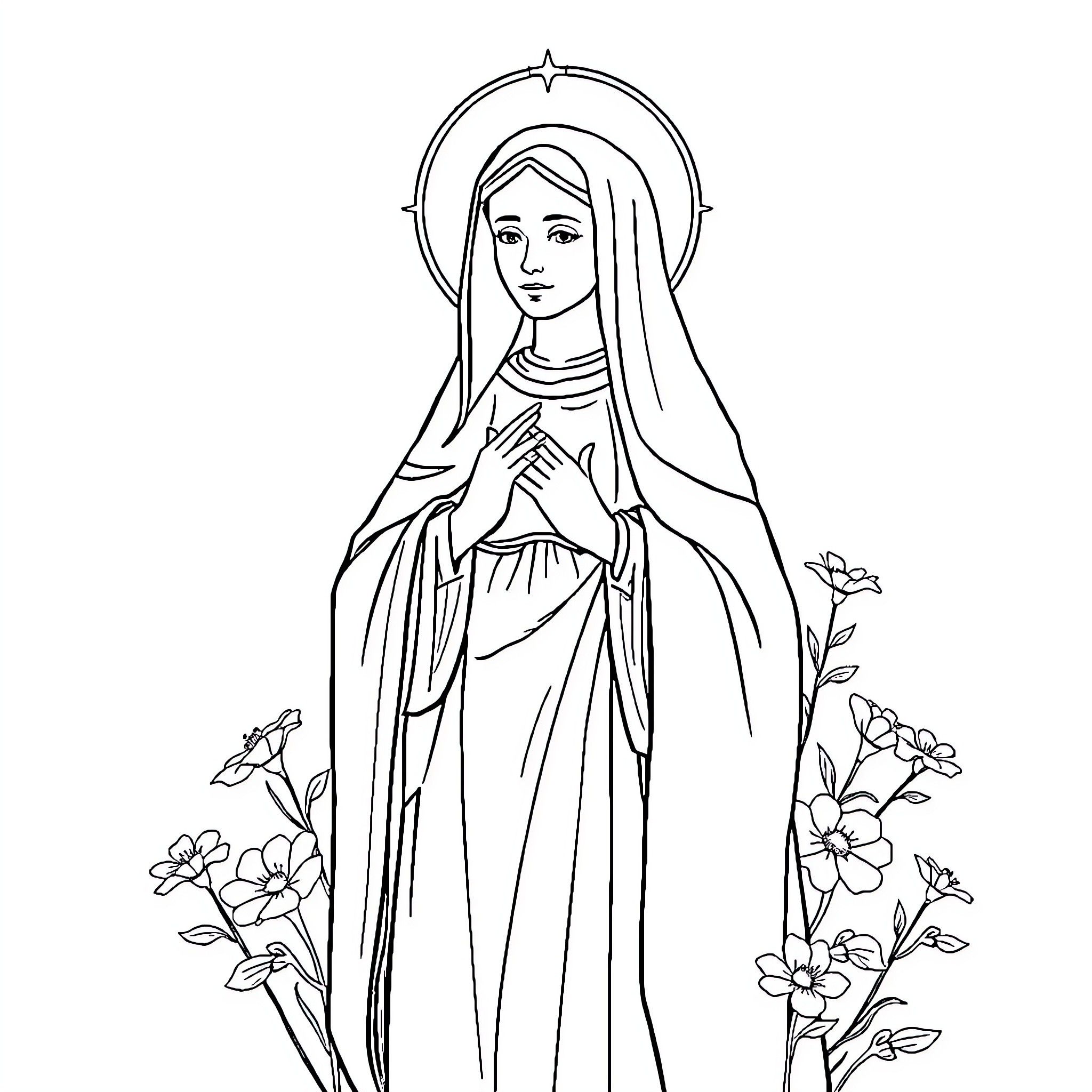 St Alphonsa in prayer with flowers Coloring Page (free black-and-white line drawing printable PDF for all, from beginners to advanced learners, including children, teens, adults, and seniors)