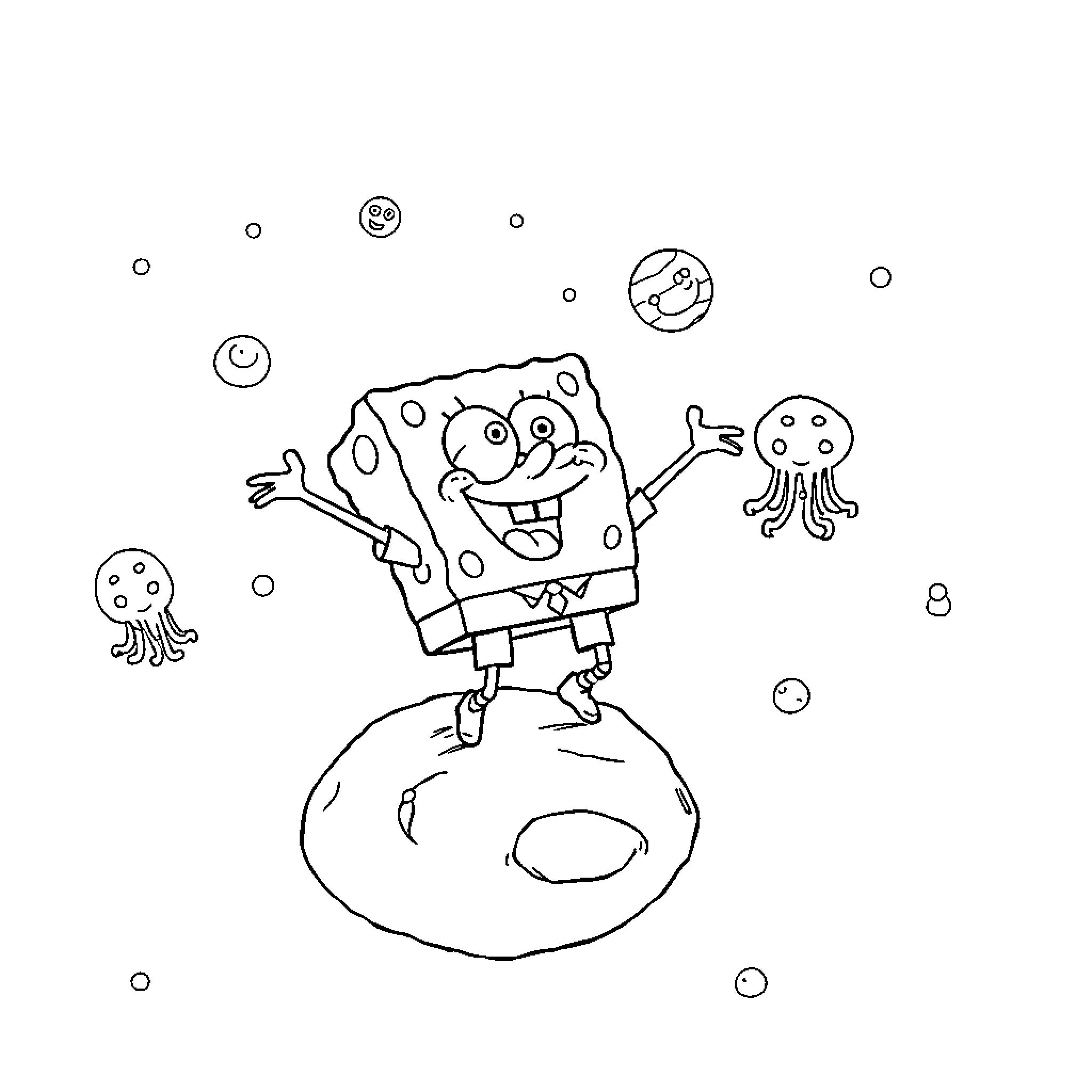 Spongebob exploring the underwater world with jellyfish Coloring Page (free black-and-white line drawing printable PDF for all, from beginners to advanced learners, including children, teens, adults, and seniors)