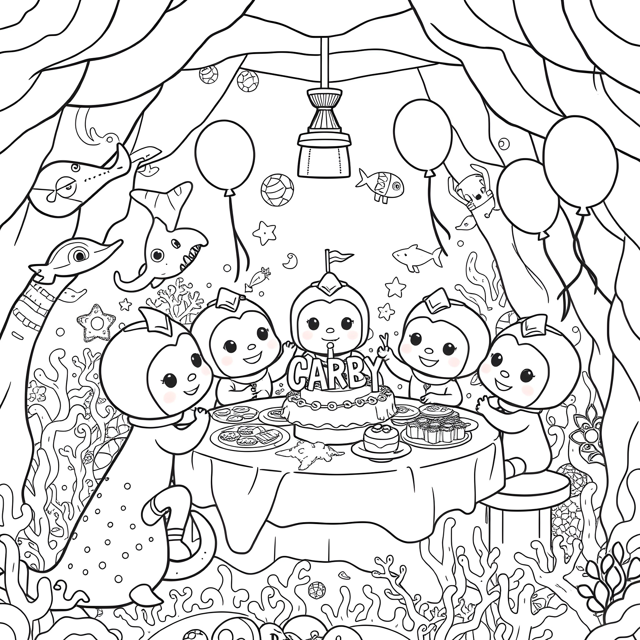 Octonauts Celebrating a Birthday Party Underwater Coloring Page (free black-and-white line drawing printable PDF for all, from beginners to advanced learners, including children, teens, adults, and seniors)
