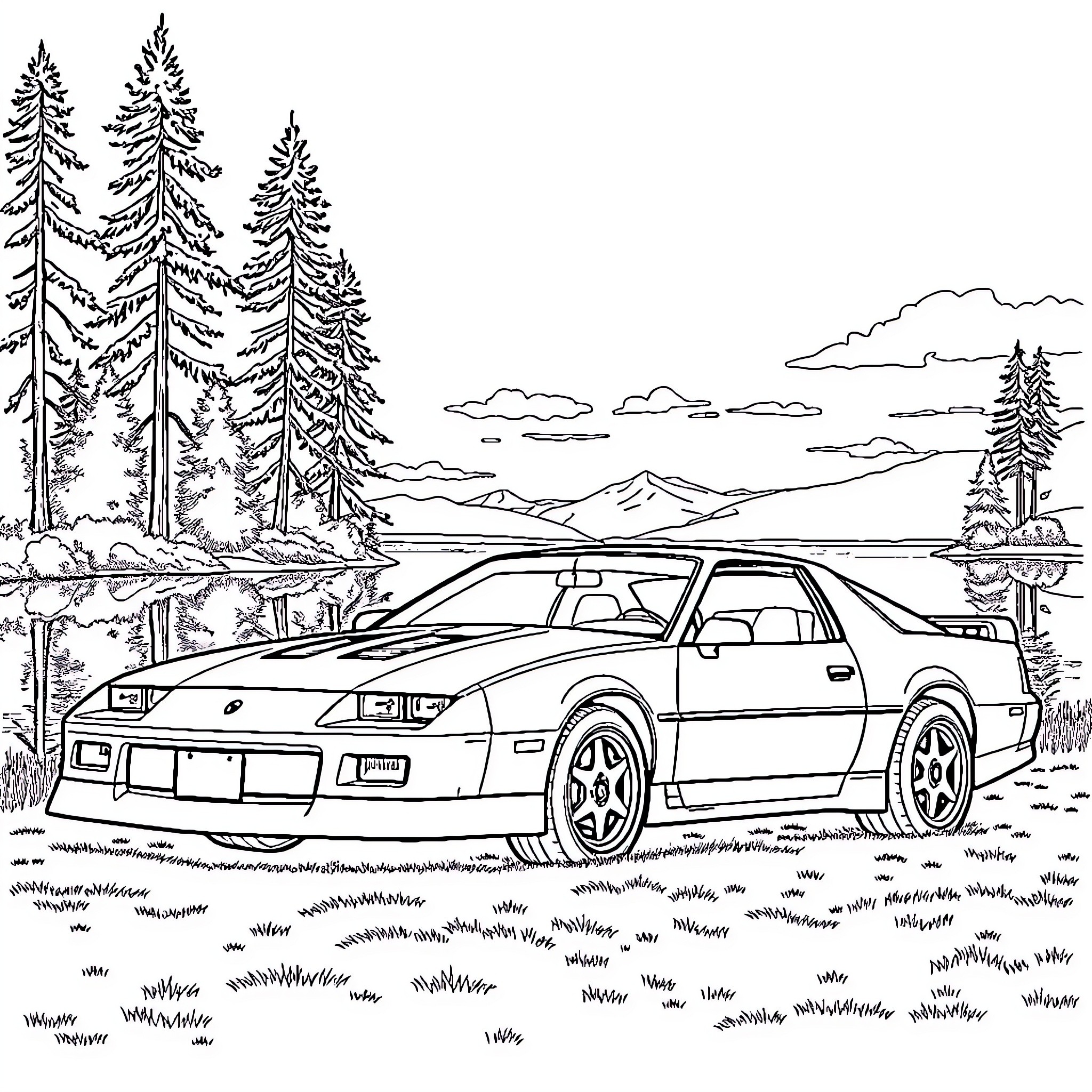 Car parked in scenic forest landscape Coloring Page (free black-and-white line drawing printable PDF for all, from beginners to advanced learners, including children, teens, adults, and seniors)