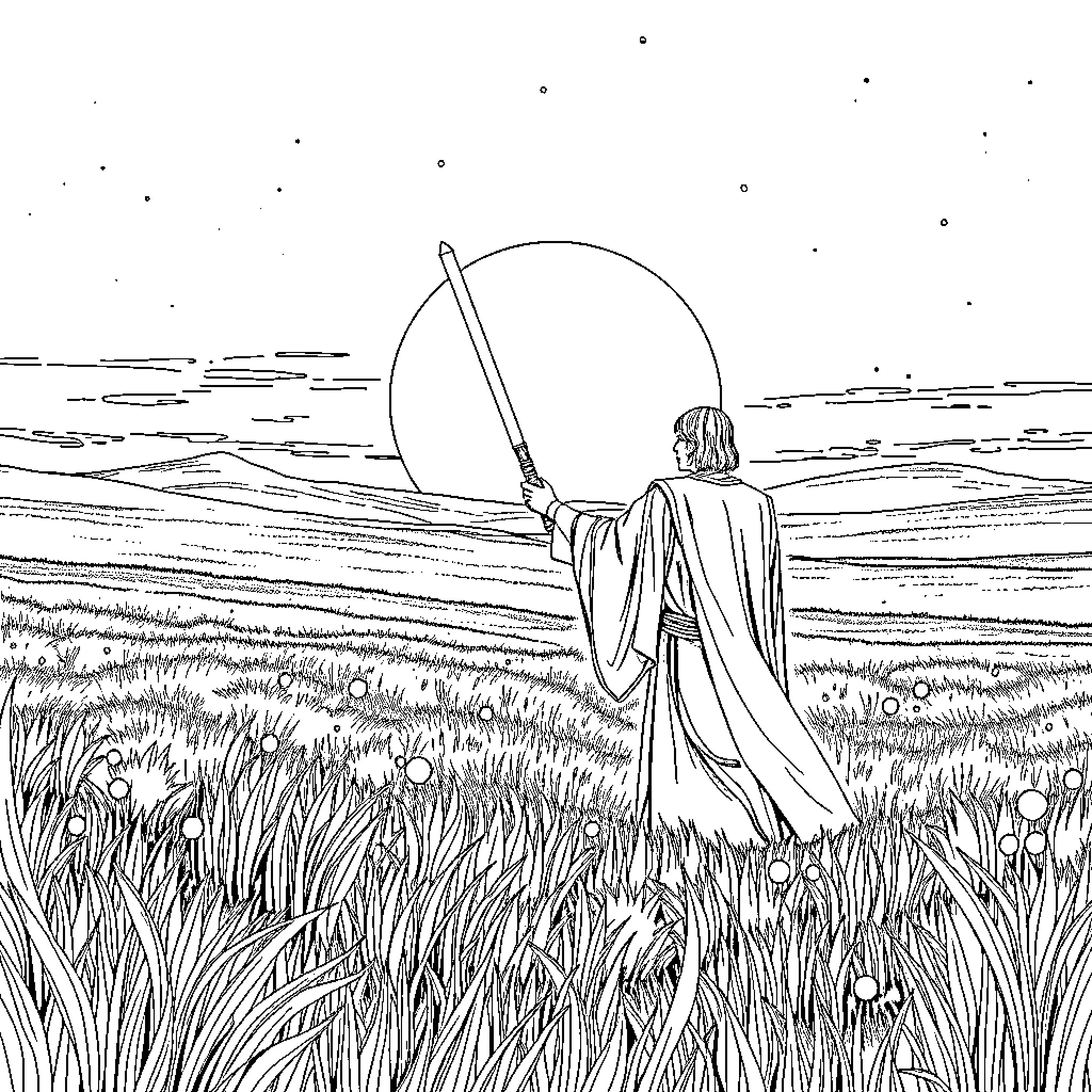 Obi-Wan Kenobi gazing at the horizon in a serene landscape Coloring Page (free black-and-white line drawing printable PDF for all, from beginners to advanced learners, including children, teens, adults, and seniors)