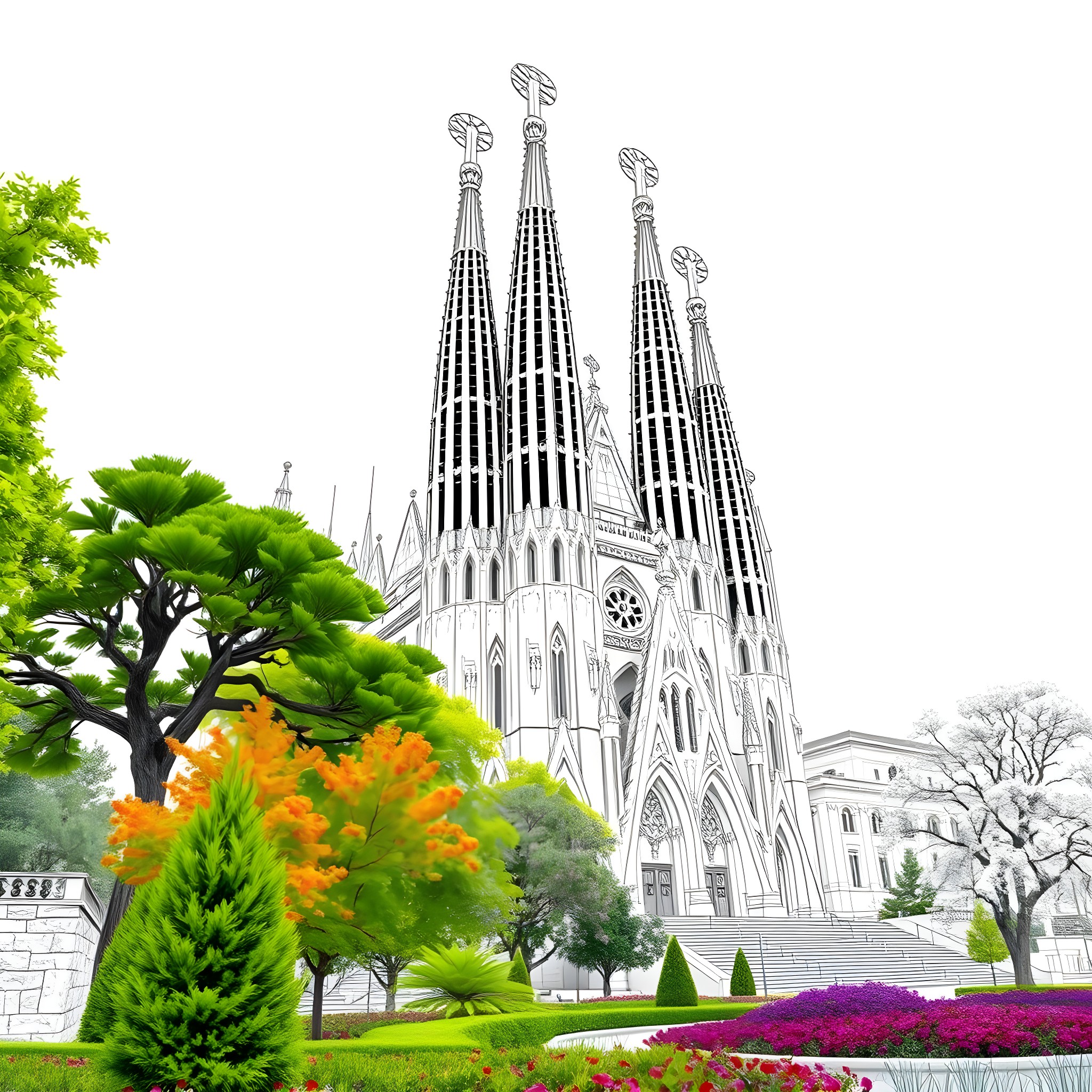 Sagrada Familia Cathedral Surrounded by Gardens and Trees Coloring Page (free black-and-white line drawing printable PDF for all, from beginners to advanced learners, including children, teens, adults, and seniors)