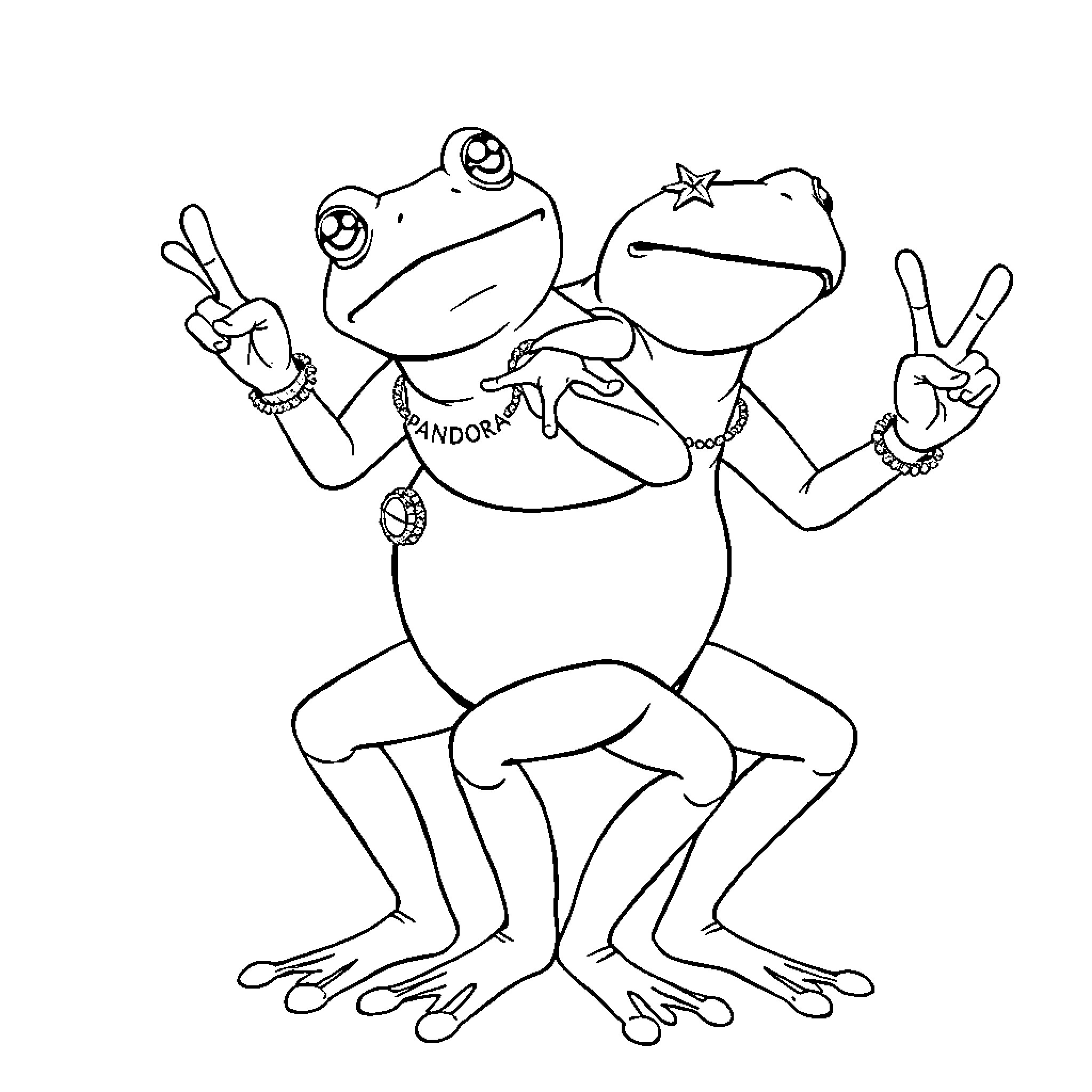 Frogs making peace signs with their hands Coloring Page (free black-and-white line drawing printable PDF for all, from beginners to advanced learners, including children, teens, adults, and seniors)