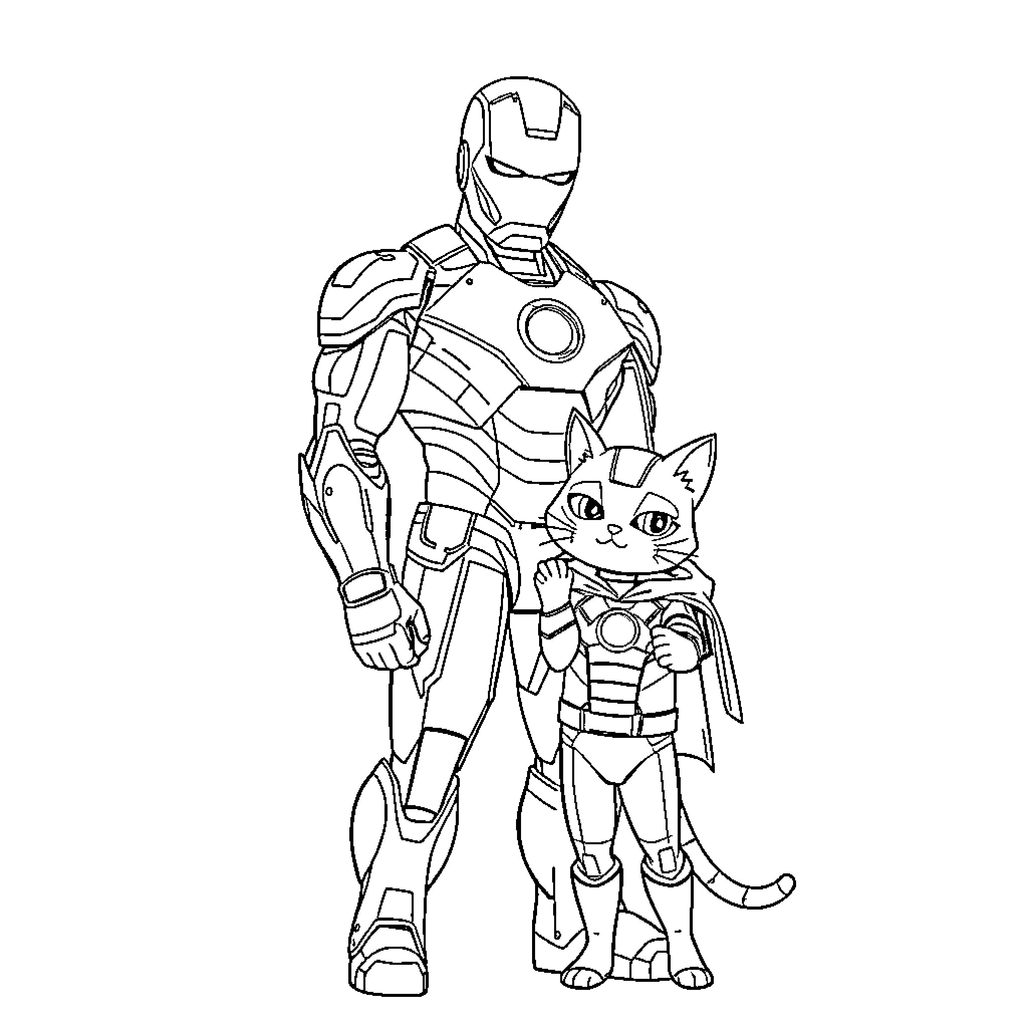 Ironman and Feline Hero in Action Coloring Page (free black-and-white line drawing printable PDF for all, from beginners to advanced learners, including children, teens, adults, and seniors)