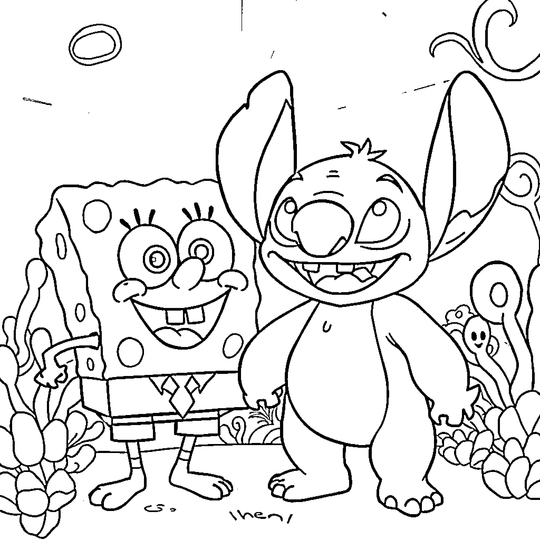 Stitch and SpongeBob in a whimsical scene Coloring Page (free black-and-white line drawing printable PDF for all, from beginners to advanced learners, including children, teens, adults, and seniors)
