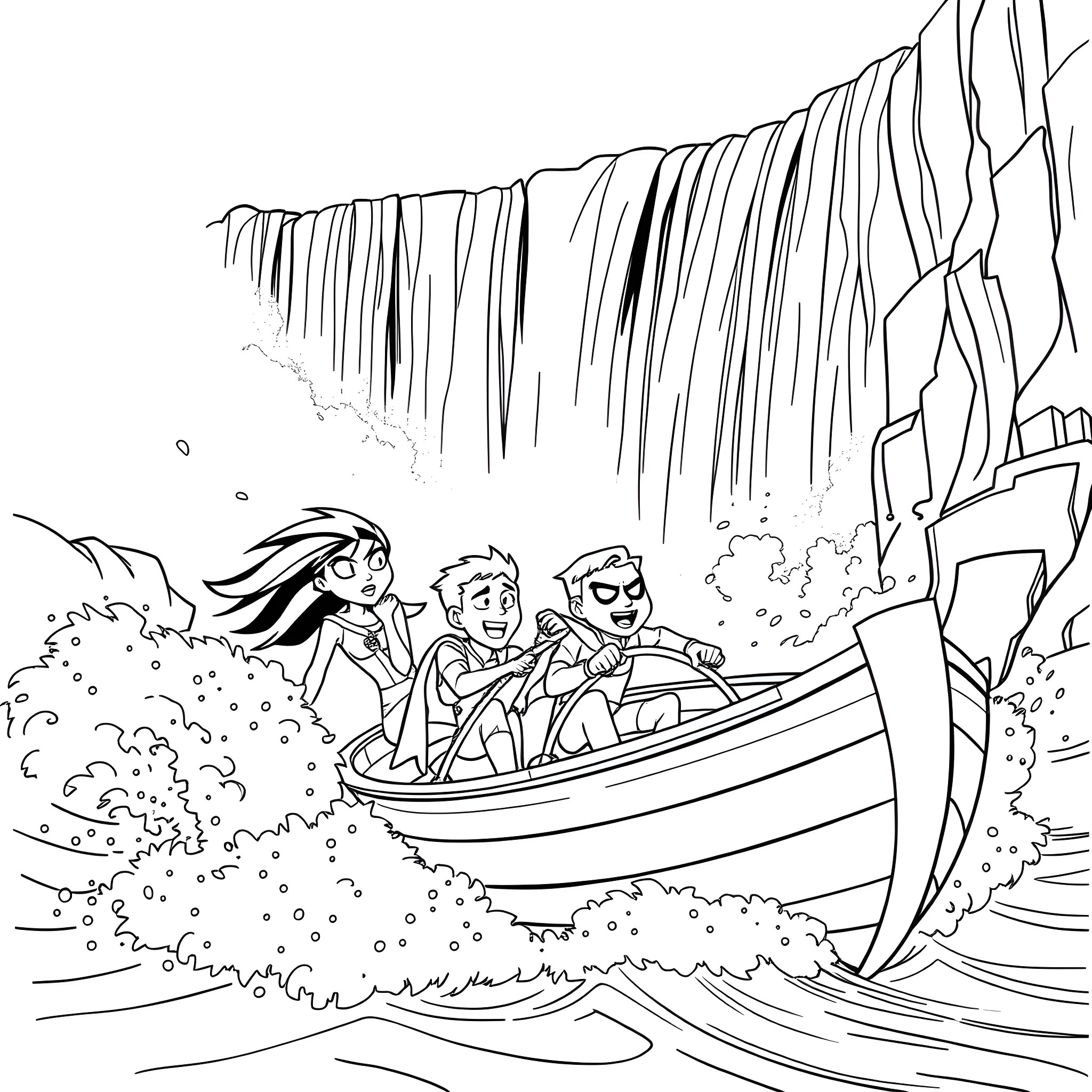 Teen Titans Boating Adventure by a Waterfall Coloring Page (free black-and-white line drawing printable PDF for all, from beginners to advanced learners, including children, teens, adults, and seniors)